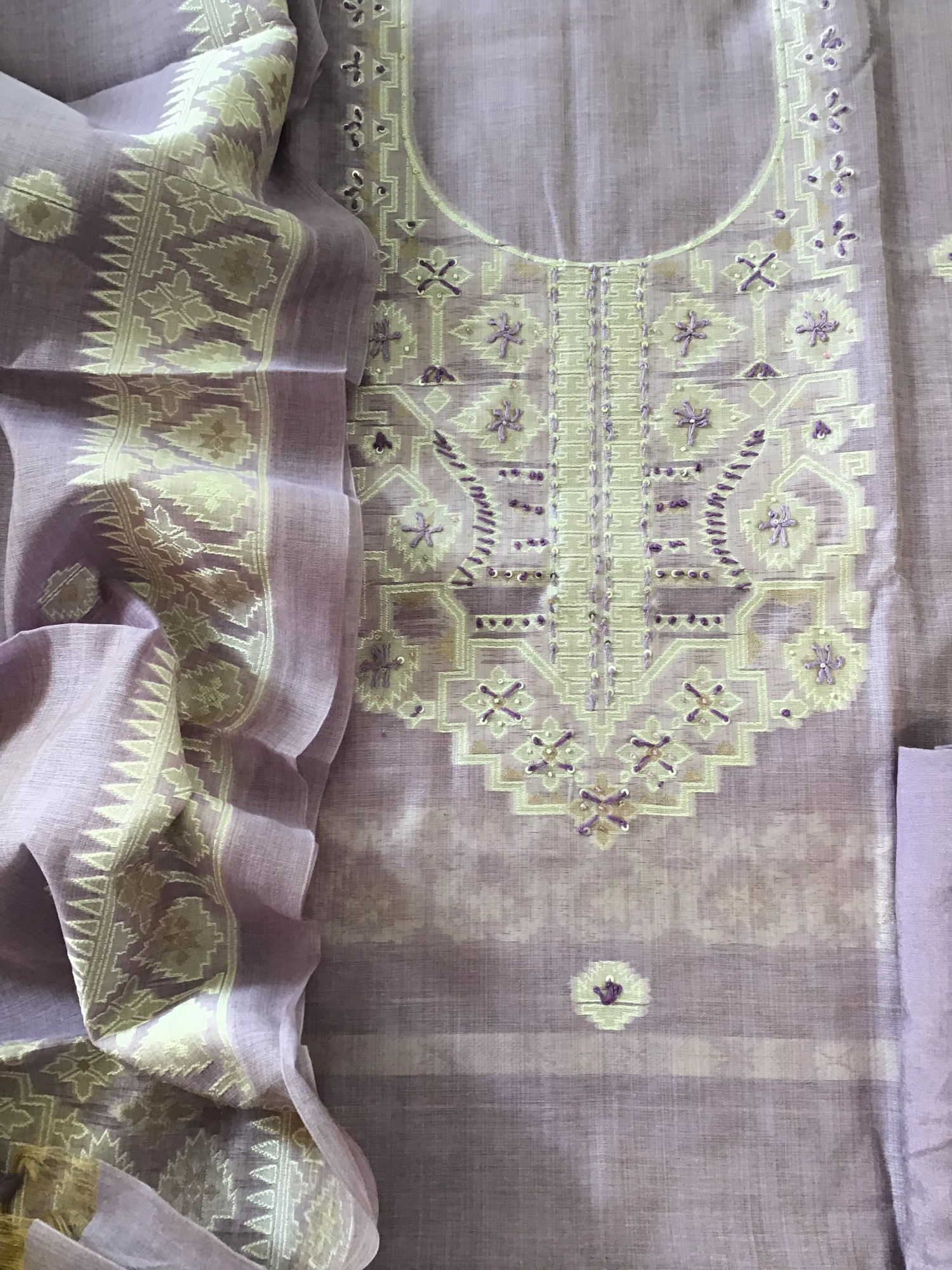 Soft Slub Chanderi Jamdani Weaved Embroidered Suit - Purple