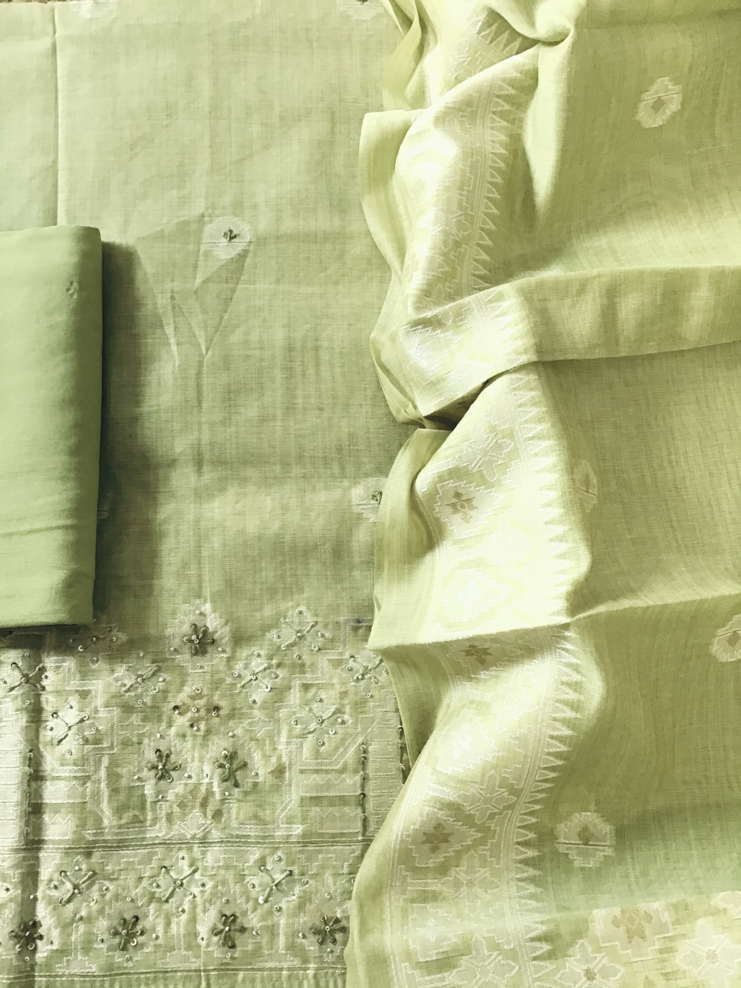 Soft Slub Chanderi Jamdani Weaved Embroidered Suit - Green