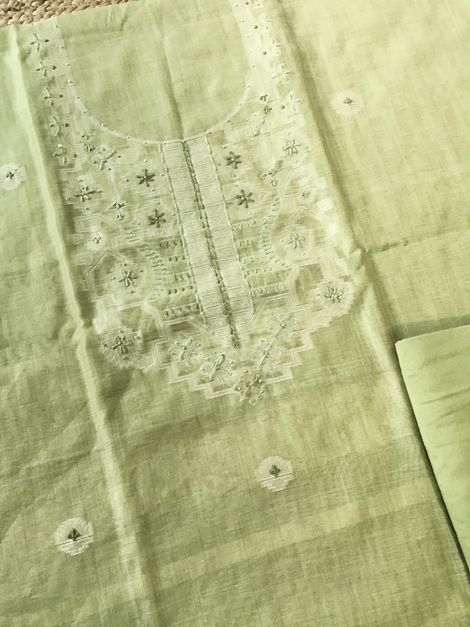 Soft Slub Chanderi Jamdani Weaved Embroidered Suit - Green