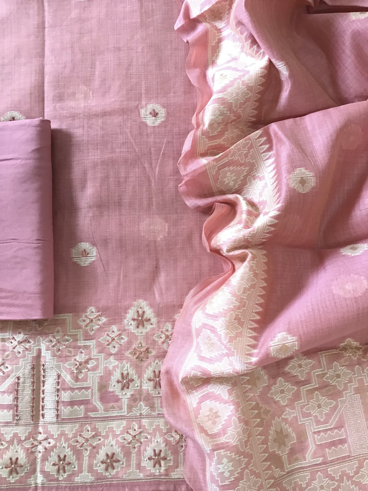Soft Slub Chanderi Jamdani Weaved Embroidered Suit - Pink