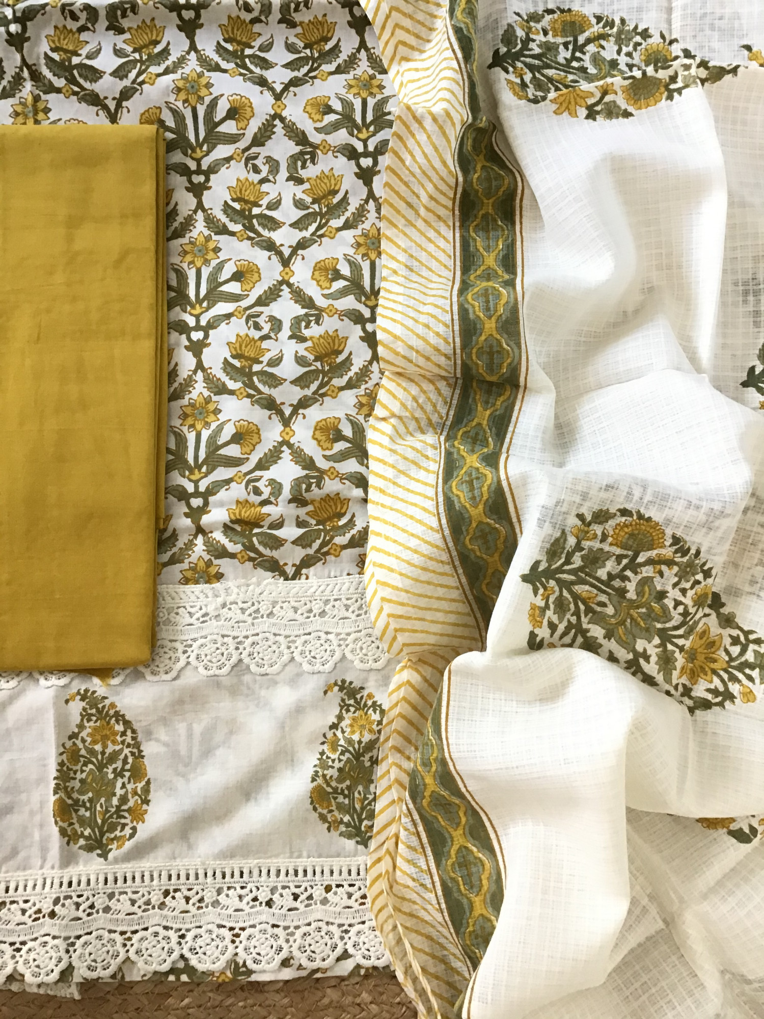 Pure Fine Cotton Printed Embroidered Suit - WhiteYellow