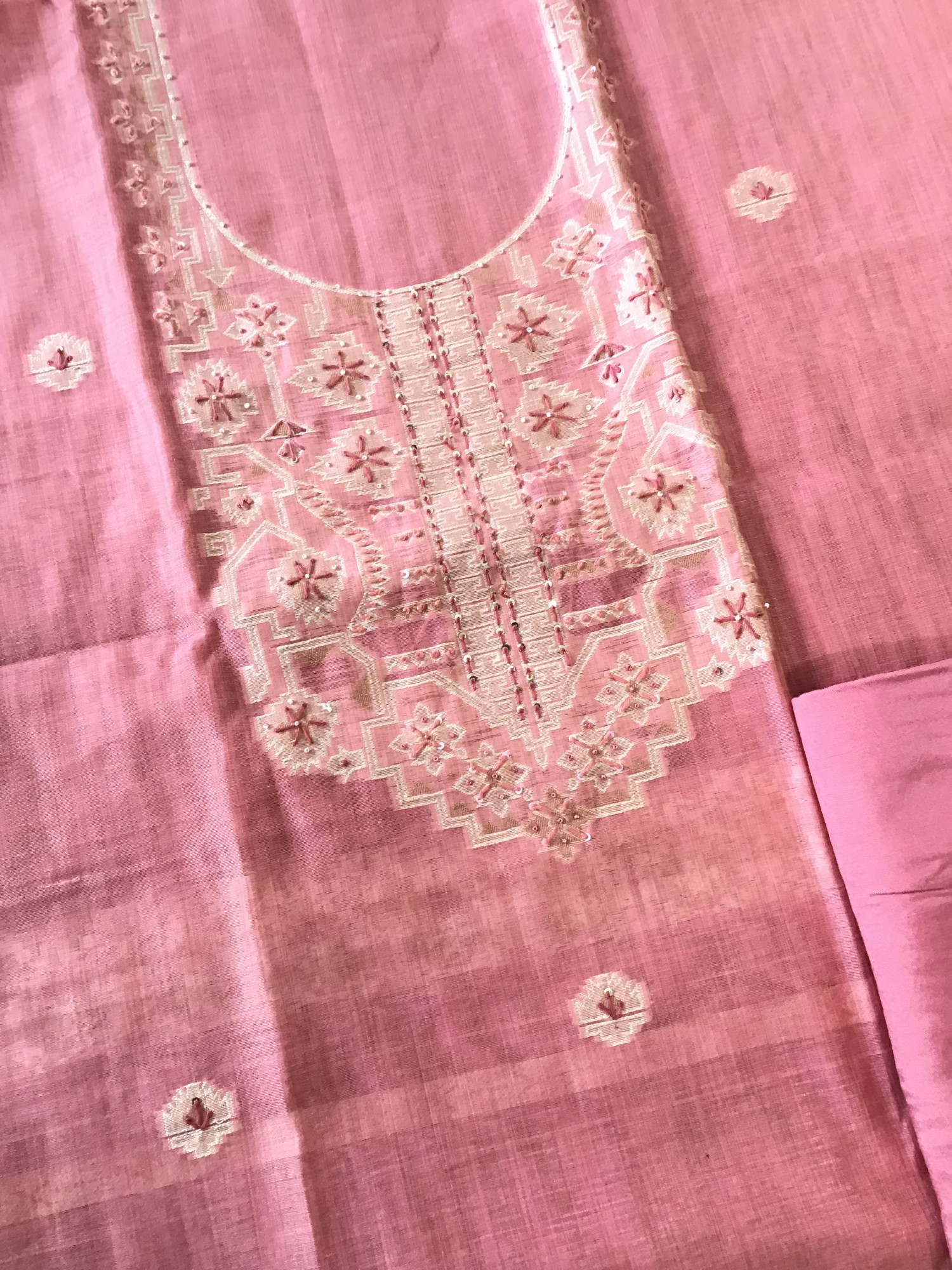 Soft Slub Chanderi Jamdani Weaved Embroidered Suit - Pink