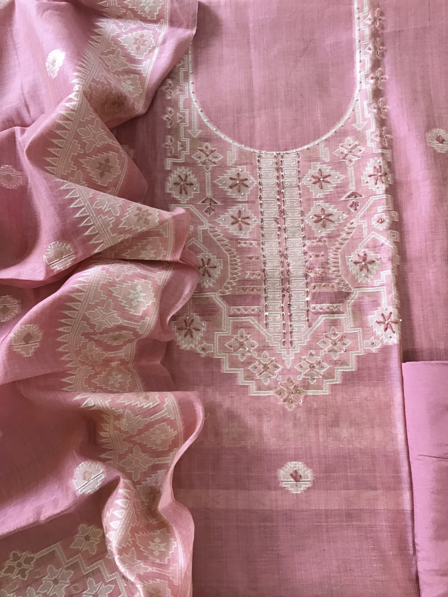 Soft Slub Chanderi Jamdani Weaved Embroidered Suit - Pink