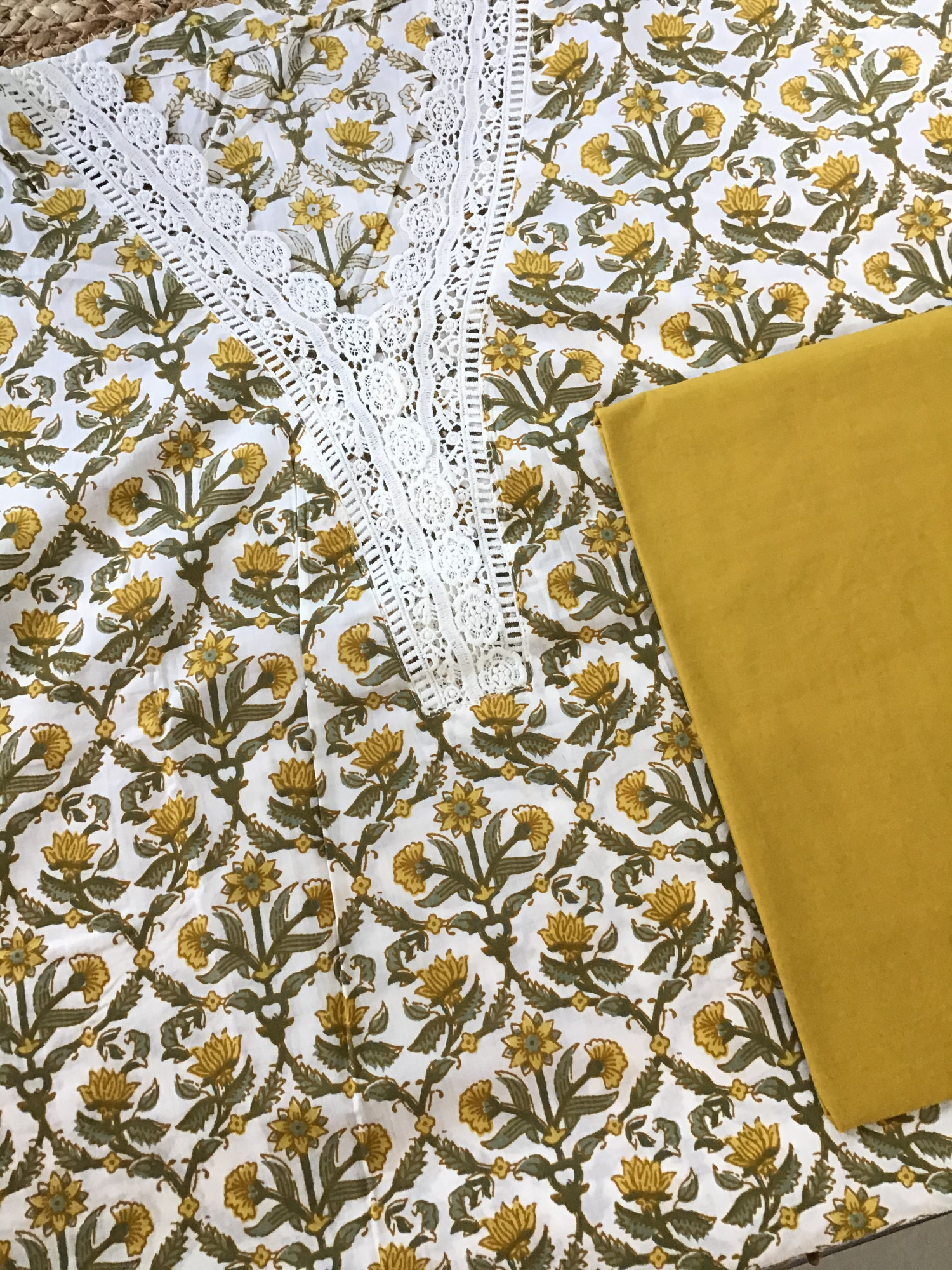 Pure Fine Cotton Printed Embroidered Suit - WhiteYellow