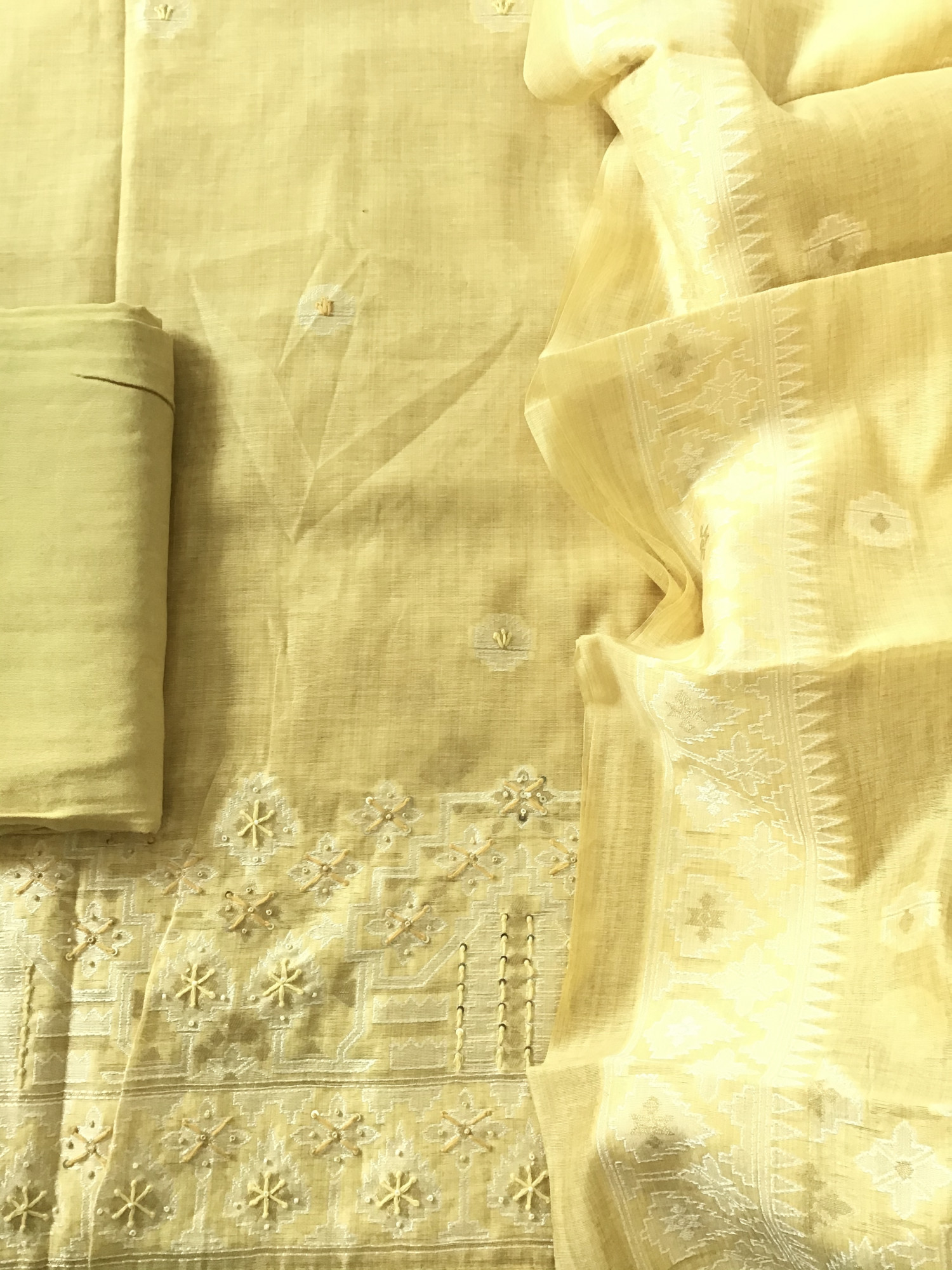Soft Slub Chanderi Jamdani Weaved Embroidered Suit - Yellow