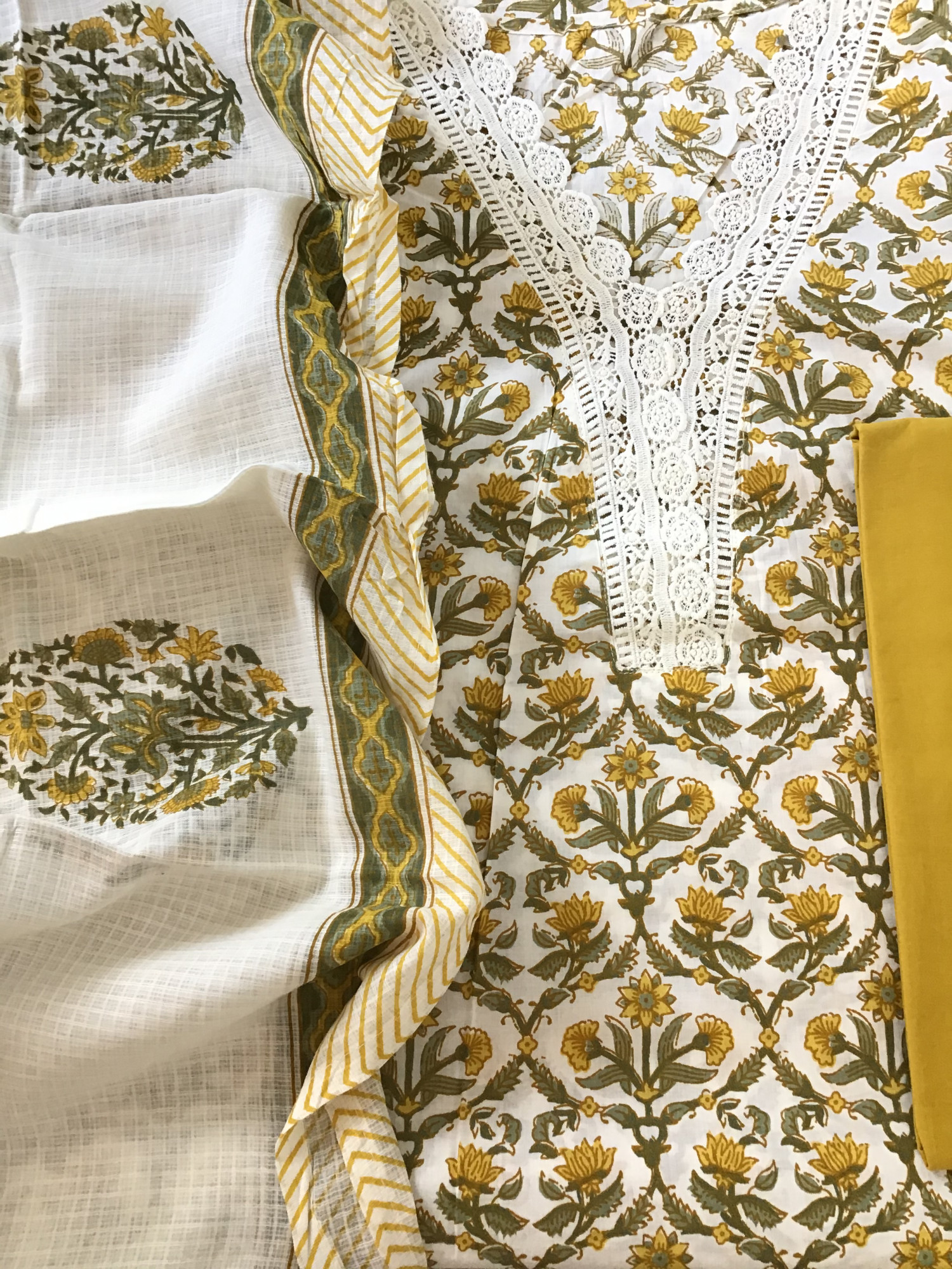 Pure Fine Cotton Printed Embroidered Suit - WhiteYellow