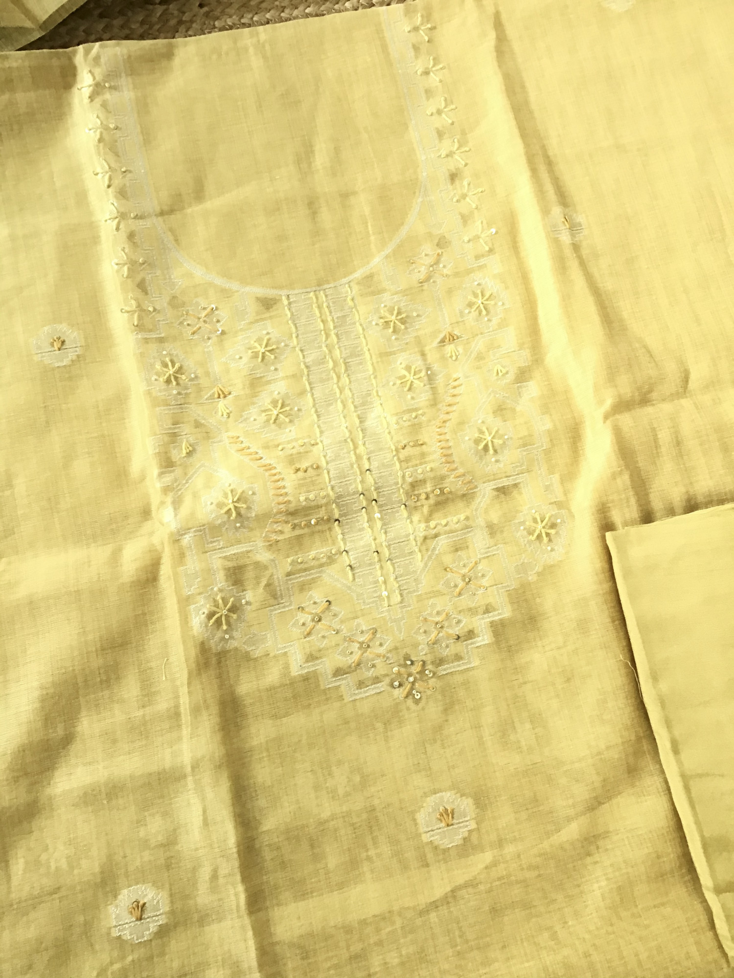 Soft Slub Chanderi Jamdani Weaved Embroidered Suit - Yellow