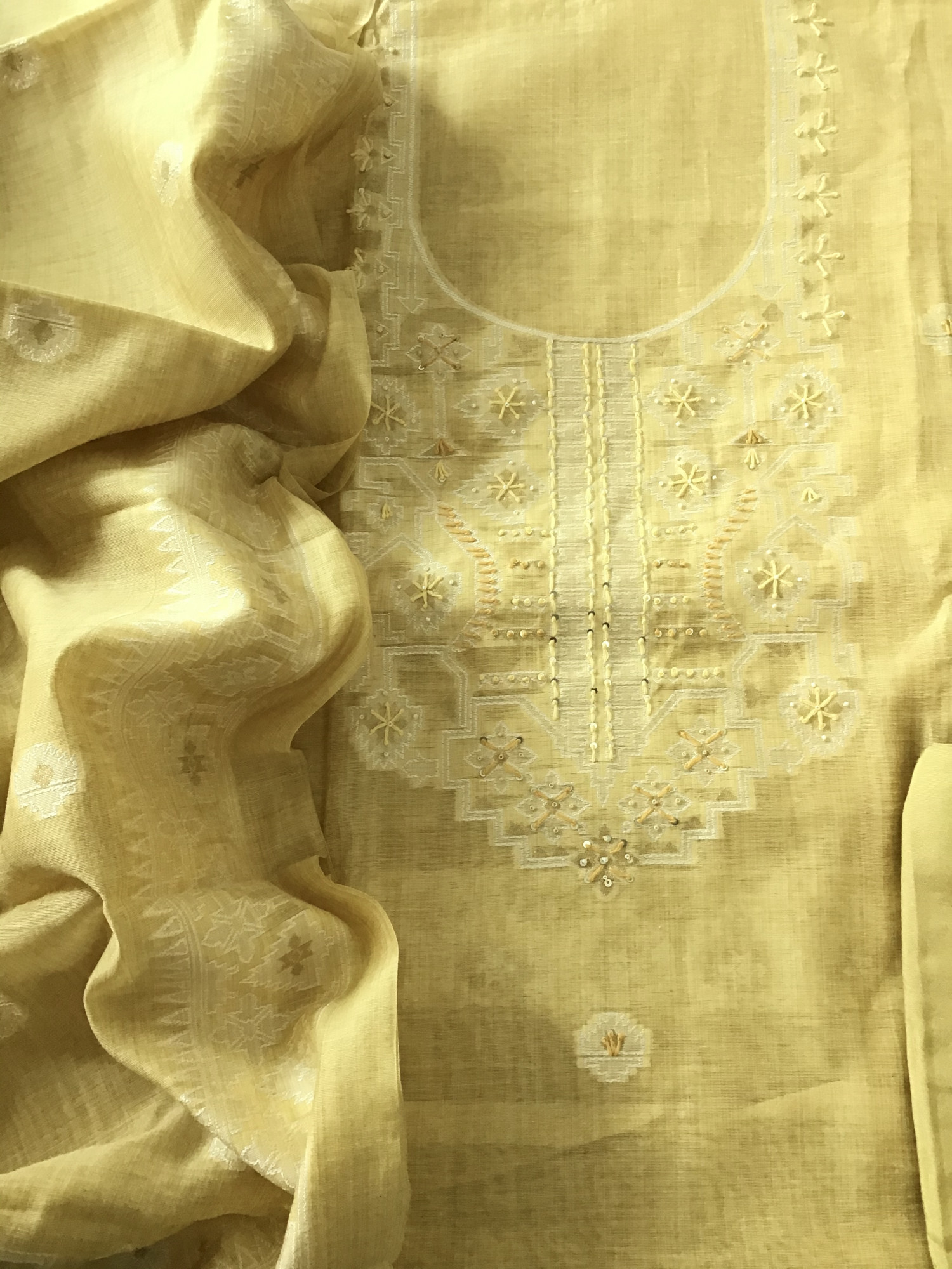 Soft Slub Chanderi Jamdani Weaved Embroidered Suit - Yellow