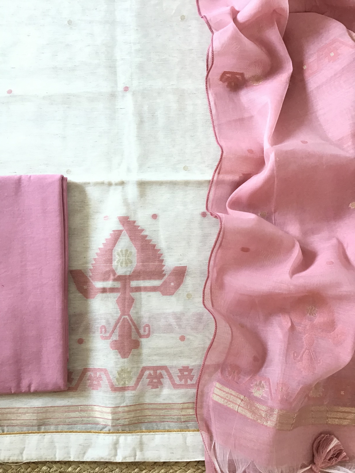 Soft Slub Chanderi Jamdani Weaved Suit - Beige