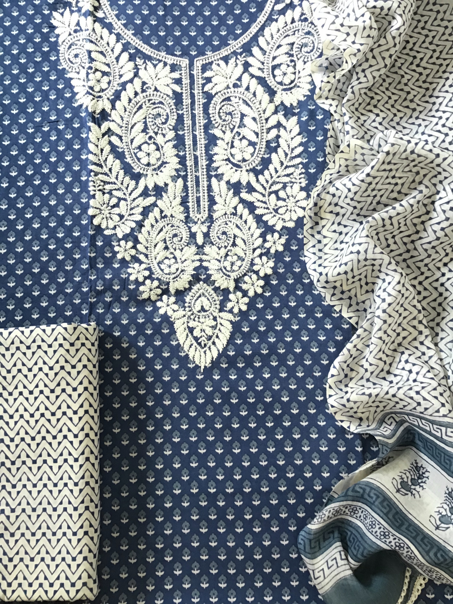 Pure Mul Cotton Printed Embroidered Suit - Blue