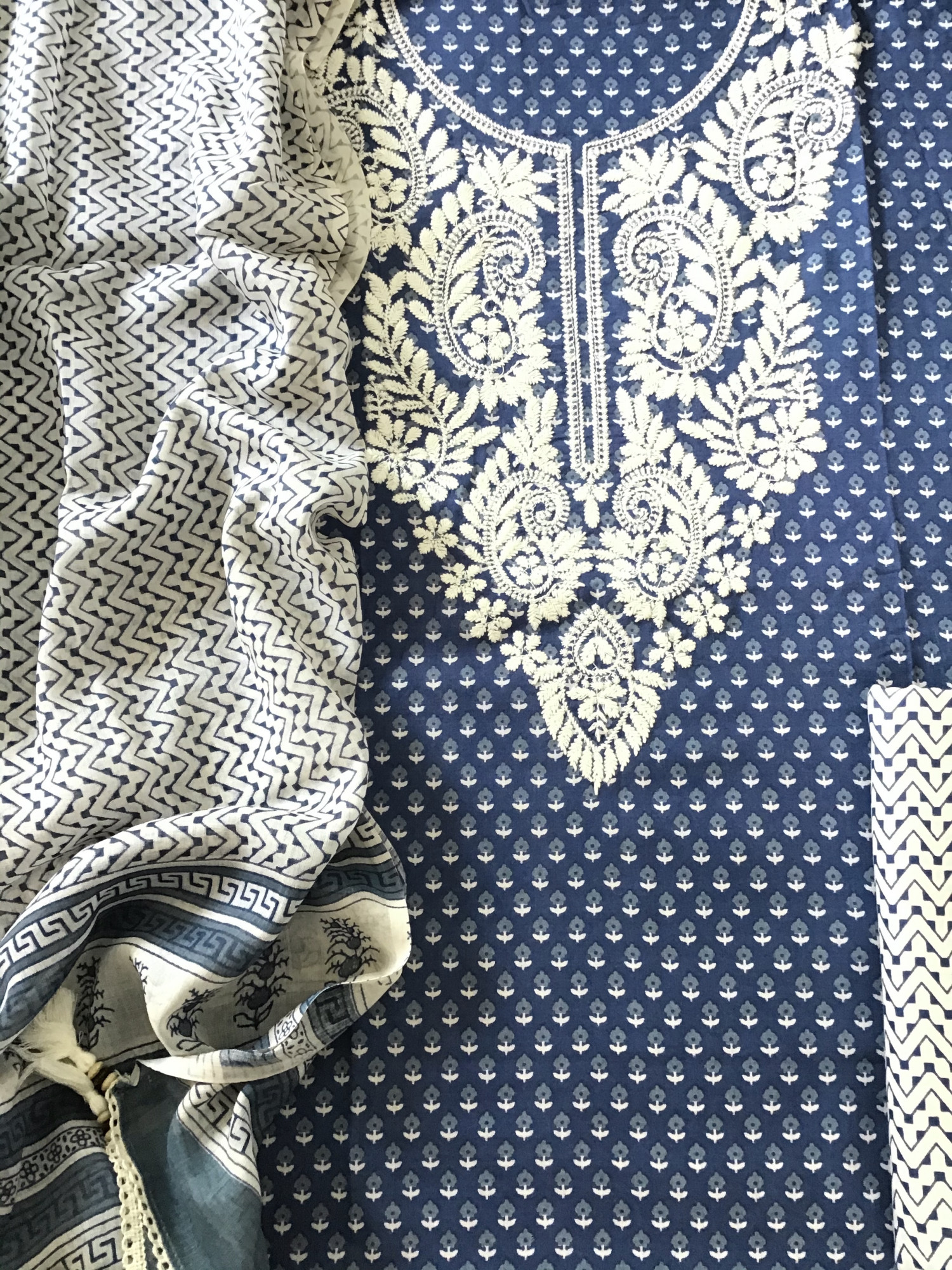 Pure Mul Cotton Printed Embroidered Suit - Blue