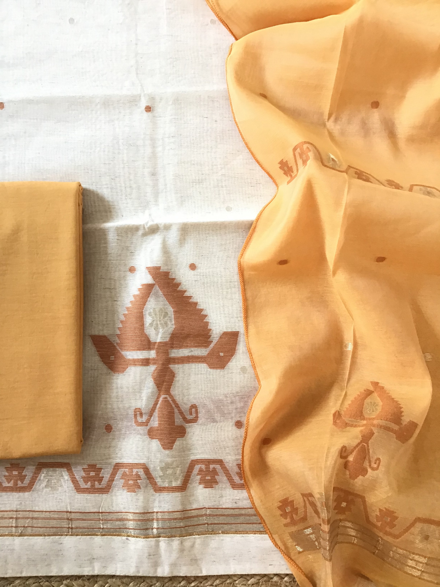 Soft Slub Chanderi Jamdani Weaved Suit - Beige