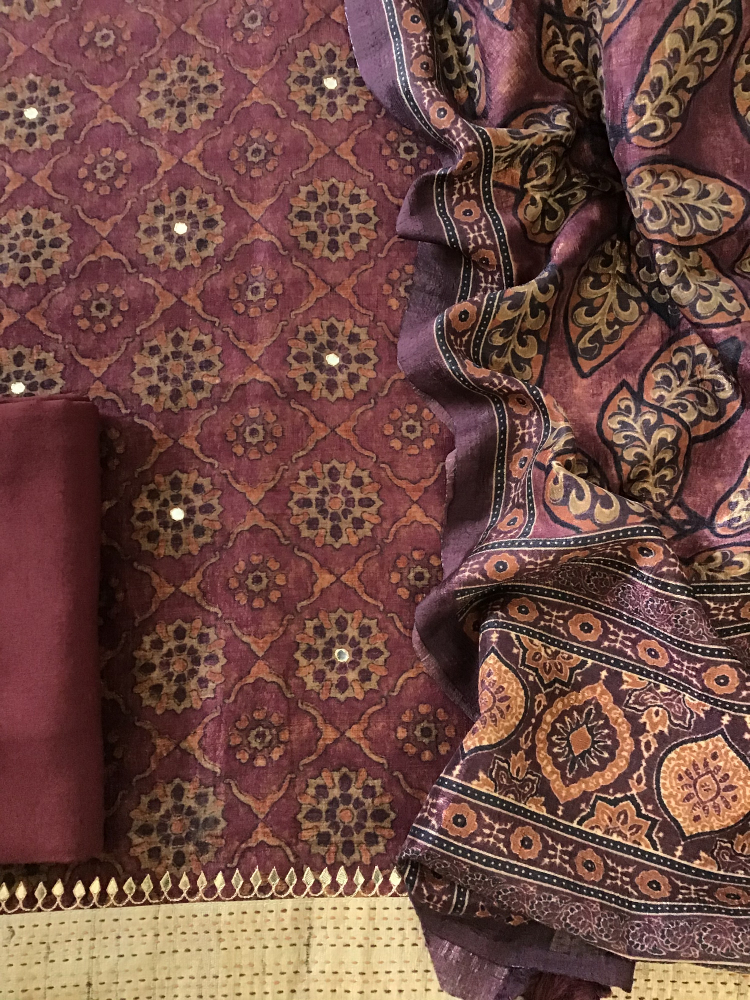 Soft Semi Tussar Printed Embroidered Suit - Wine