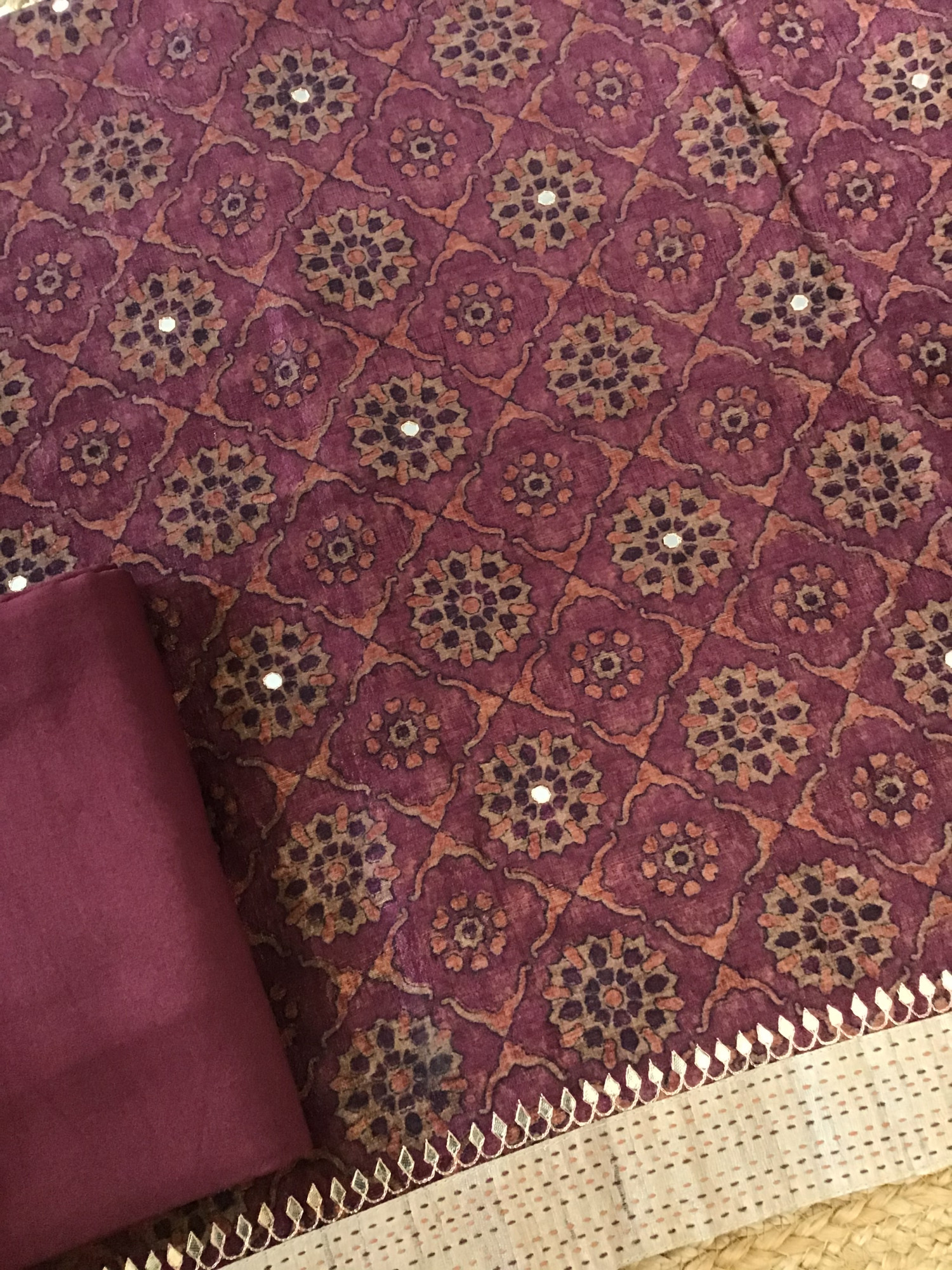 Soft Semi Tussar Printed Embroidered Suit - Wine