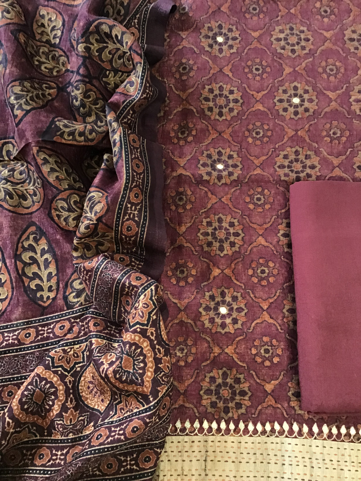 Soft Semi Tussar Printed Embroidered Suit - Wine