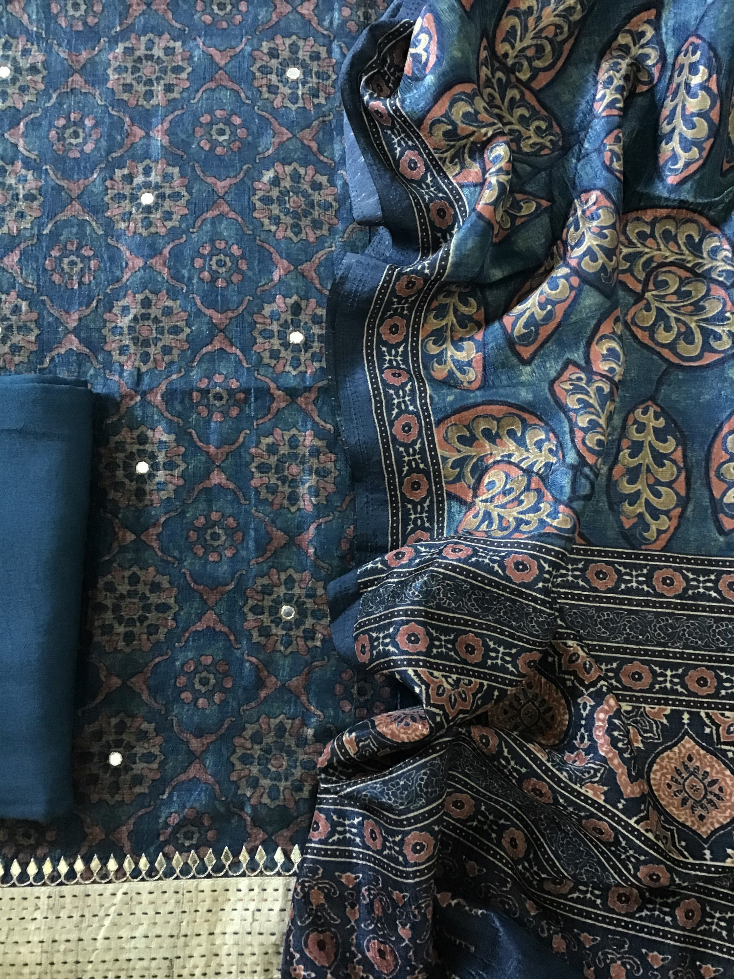 Soft Semi Tussar Printed Embroidered Suit - Blue