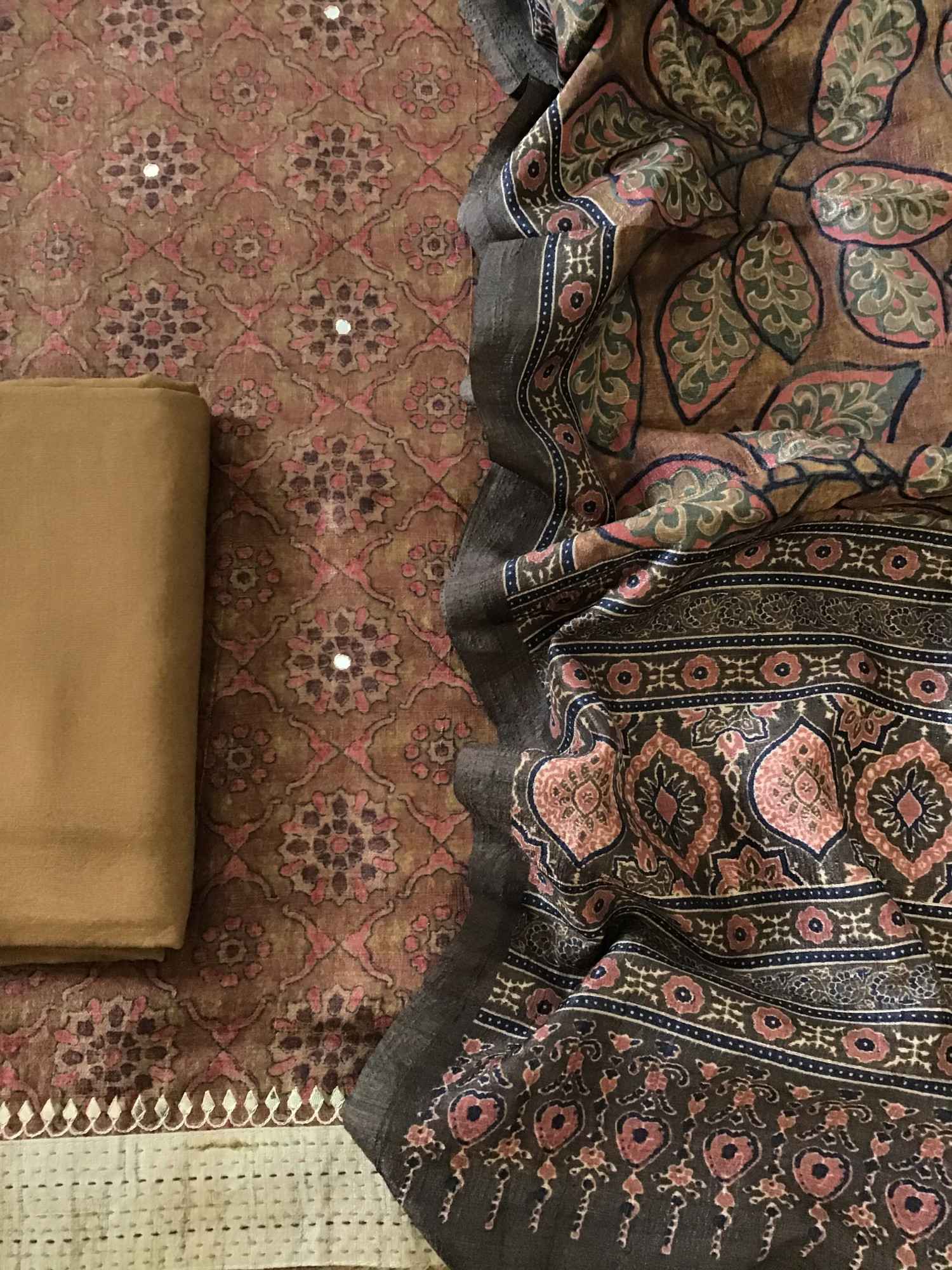 Soft Semi Tussar Printed Embroidered Suit - Brown