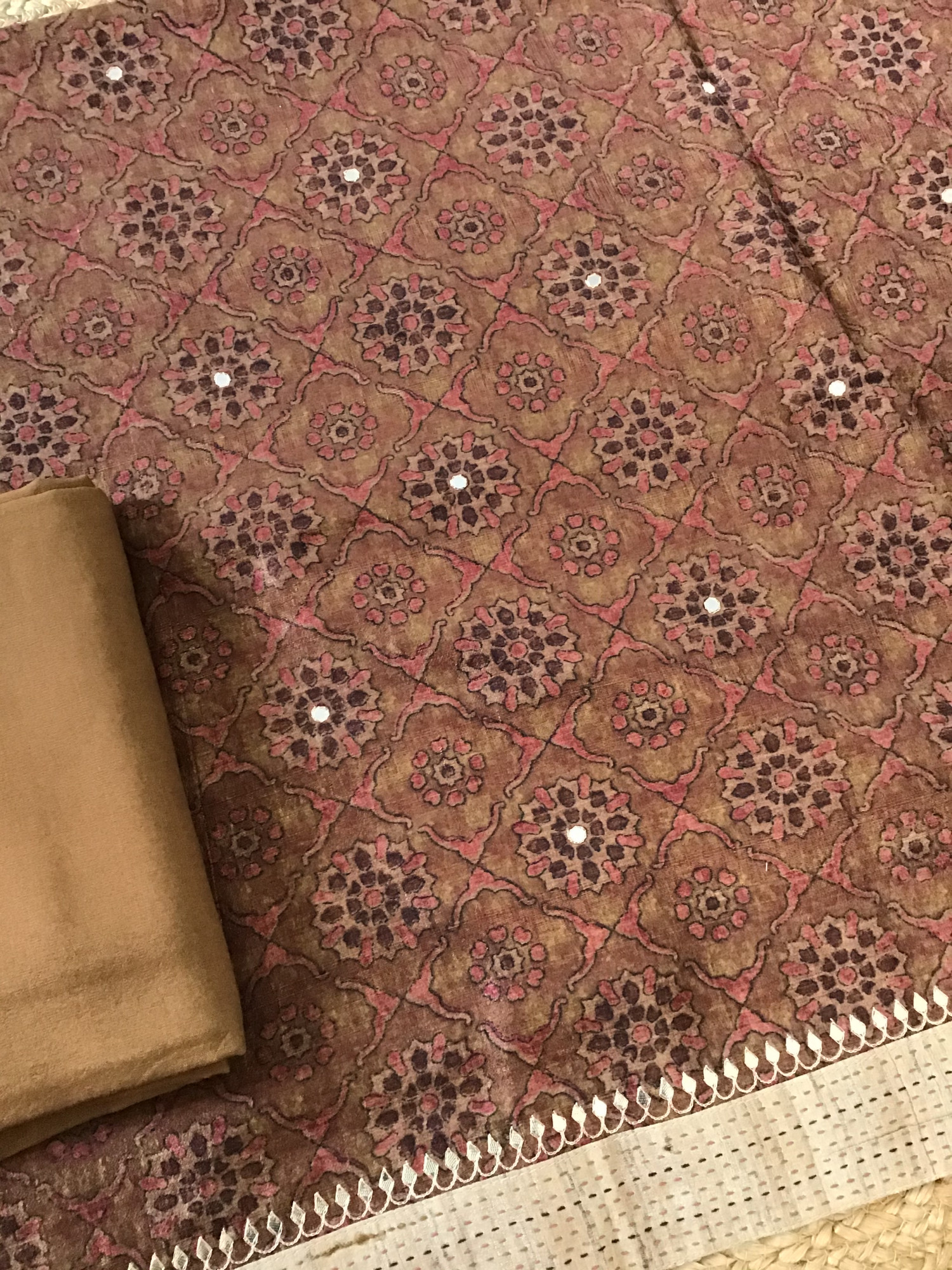 Soft Semi Tussar Printed Embroidered Suit - Brown