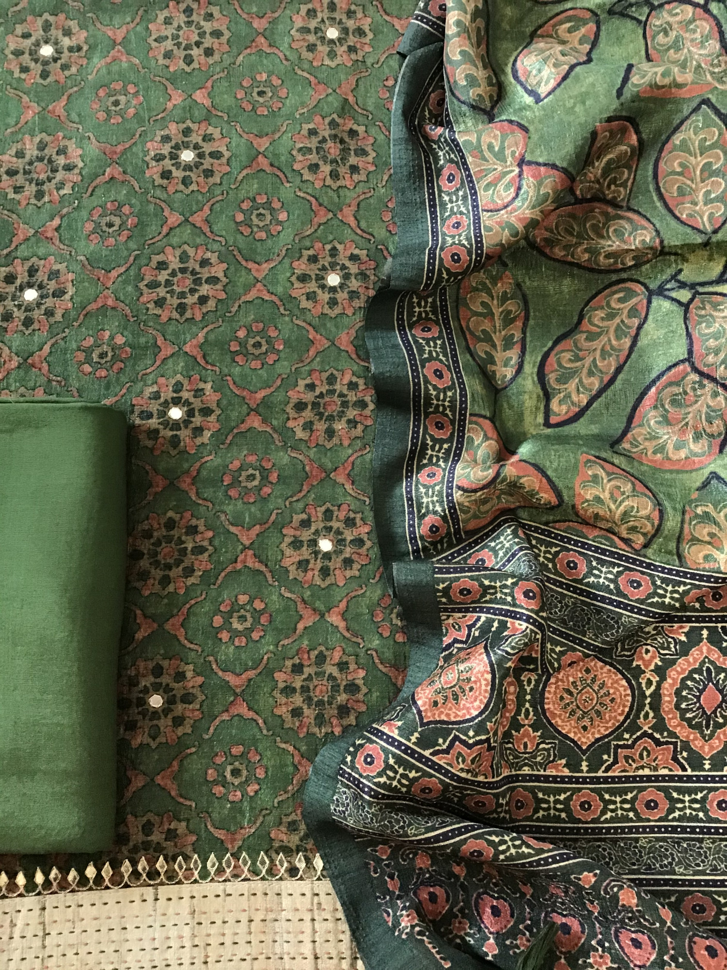 Soft Semi Tussar Printed Embroidered Suit - Green