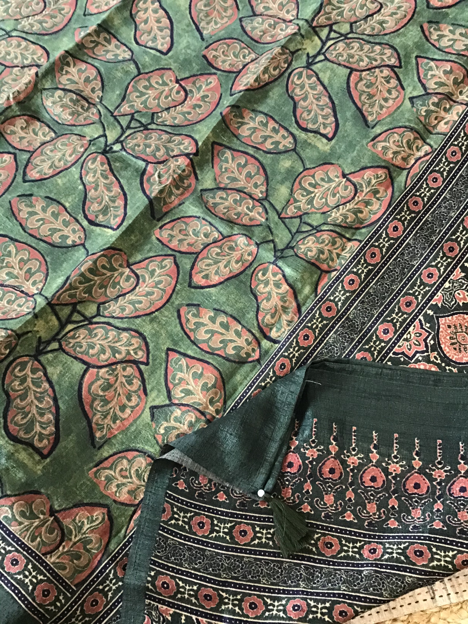 Soft Semi Tussar Printed Embroidered Suit - Green
