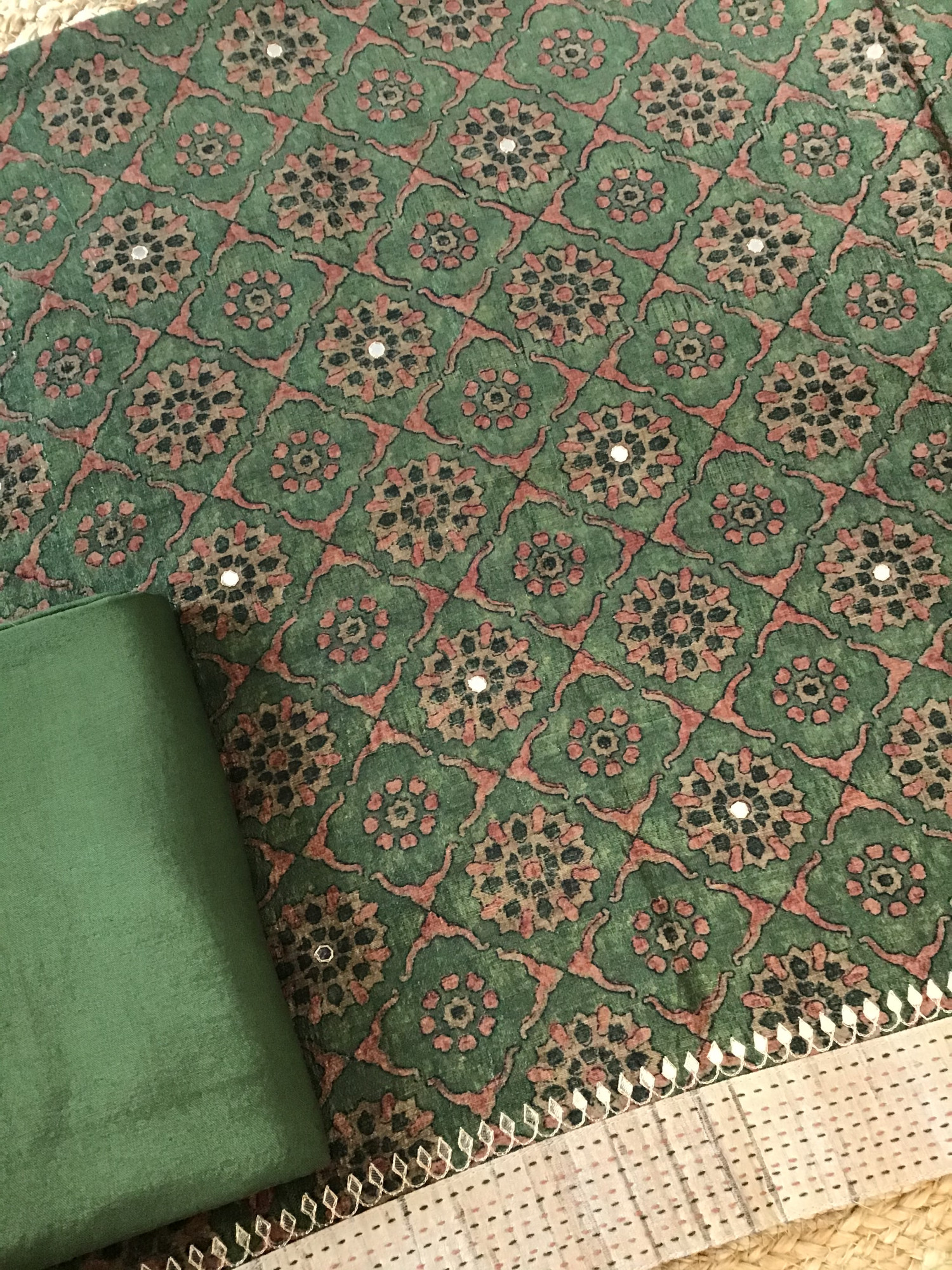 Soft Semi Tussar Printed Embroidered Suit - Green