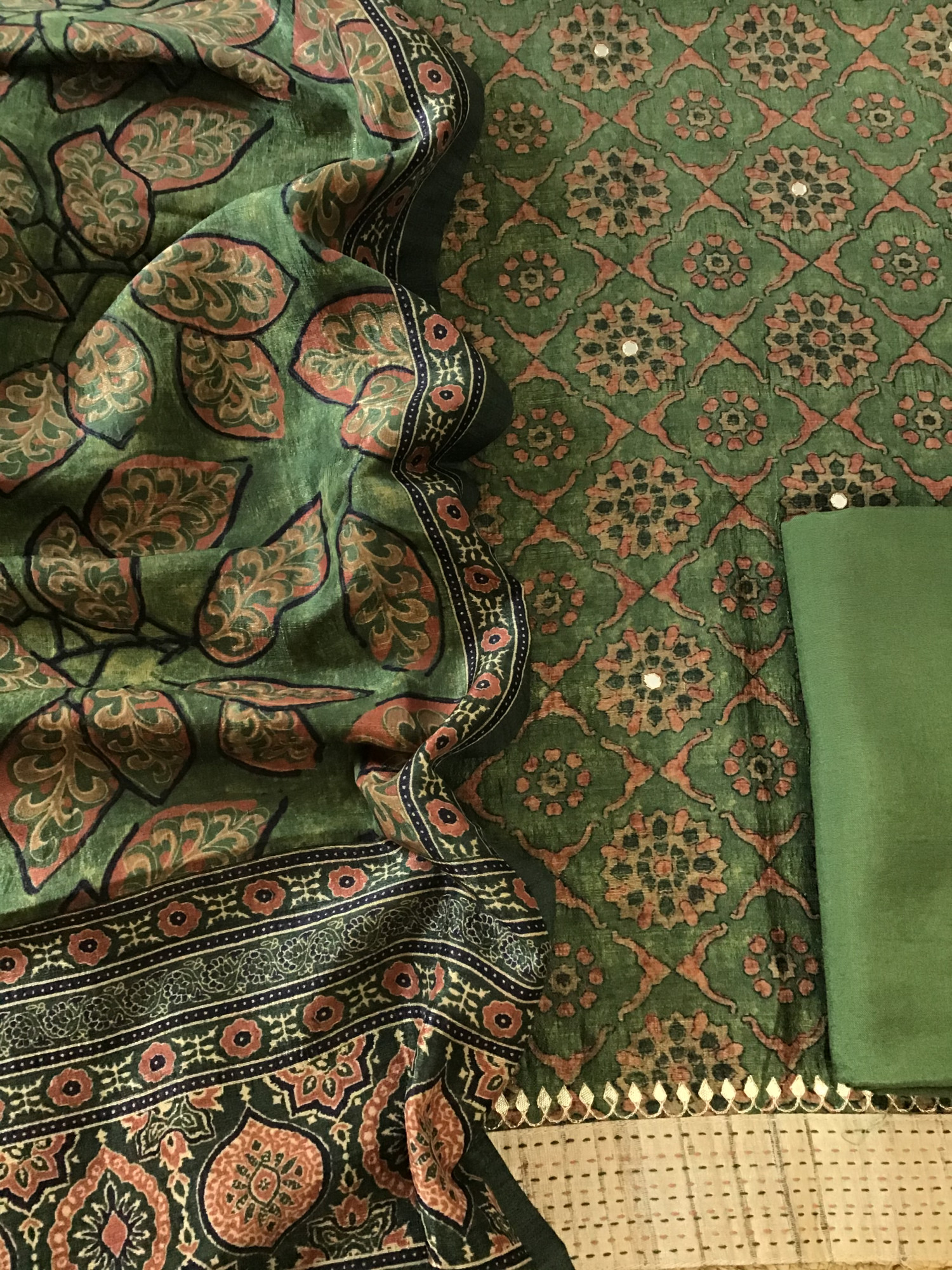Soft Semi Tussar Printed Embroidered Suit - Green
