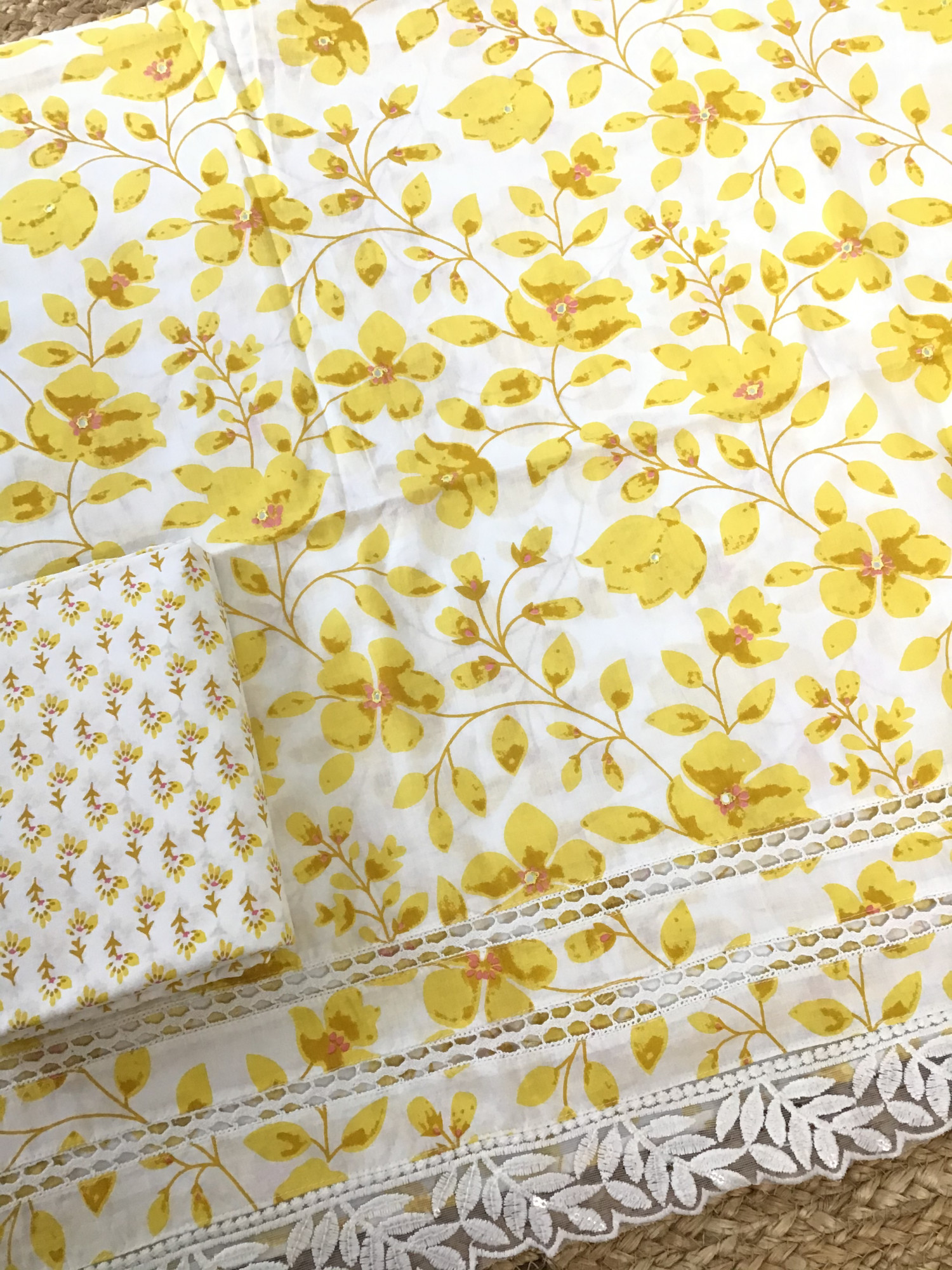 Pure Cotton Printed Embroidered Suit - Yellow