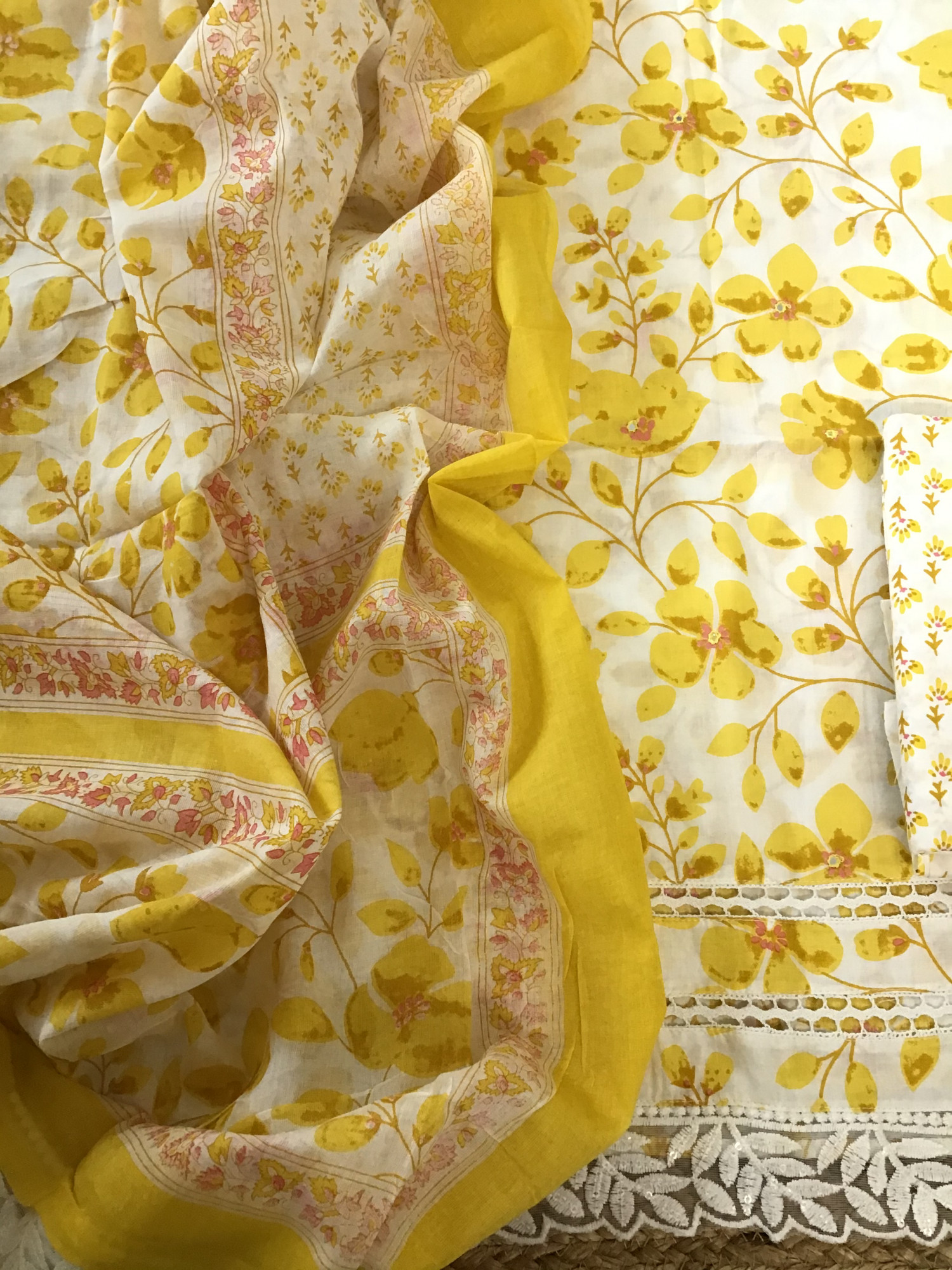 Pure Cotton Printed Embroidered Suit - Yellow