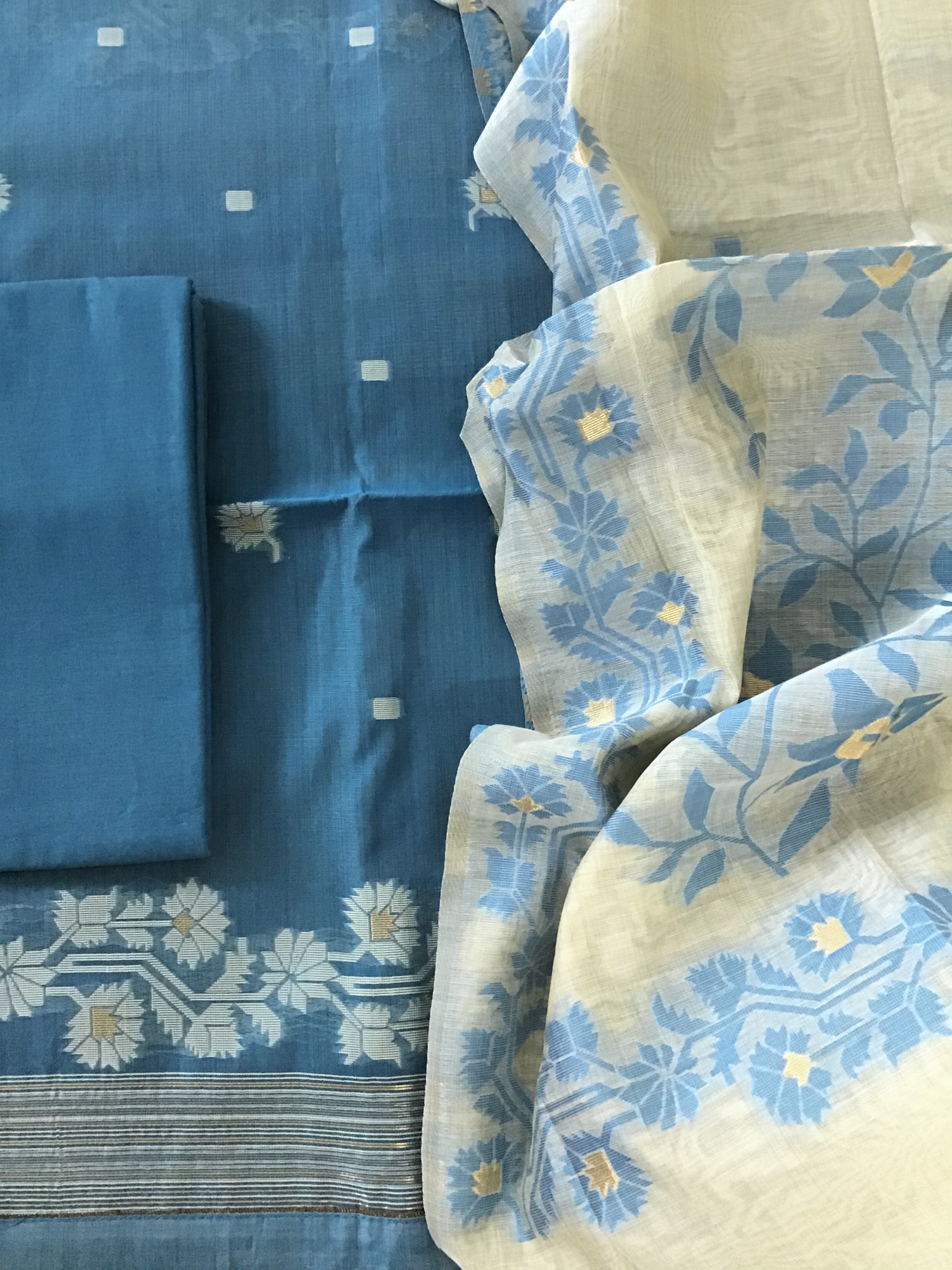 Soft Slub Chanderi Jamdani Weaved Suit - Blue