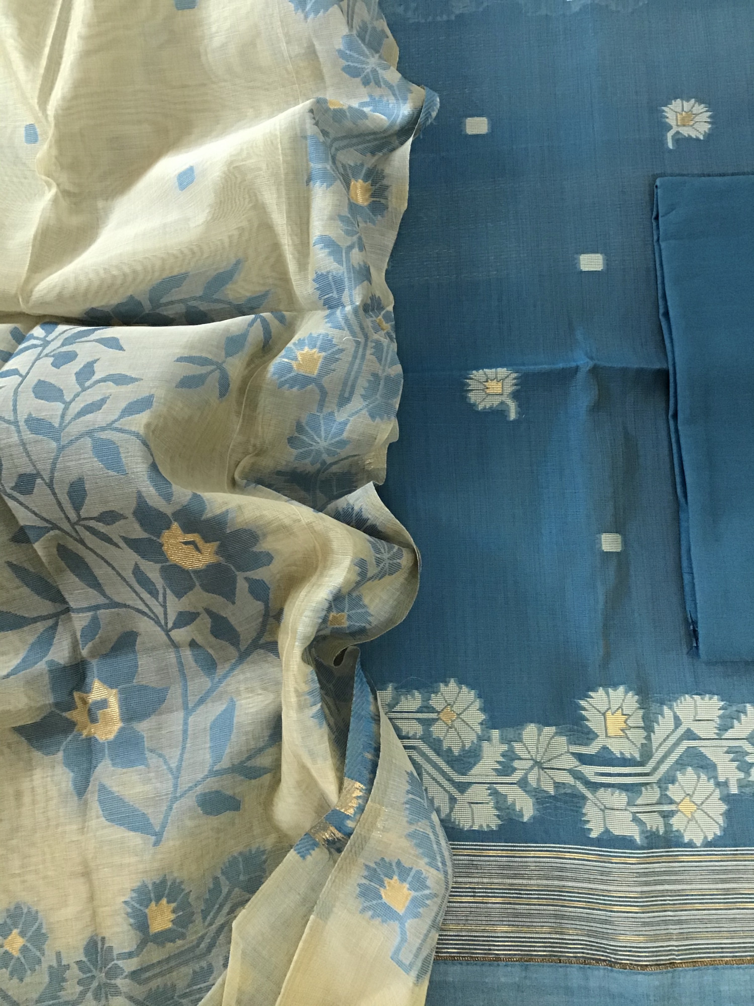 Soft Slub Chanderi Jamdani Weaved Suit - Blue