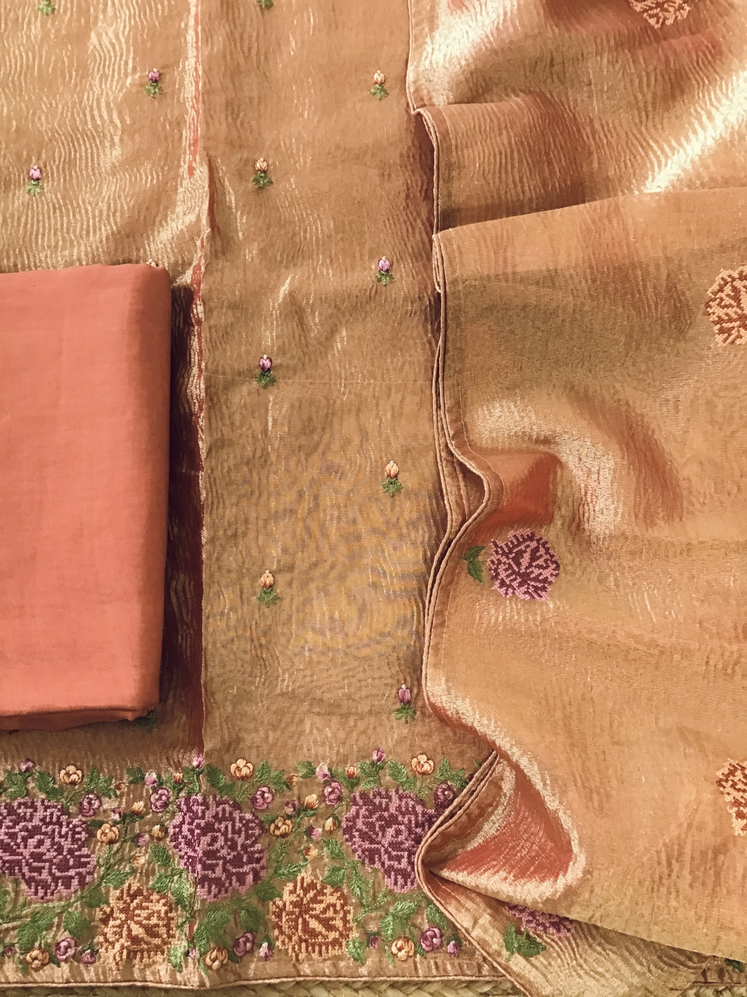 Soft Fine Crushed Tissue Embroidered Suit - Orange