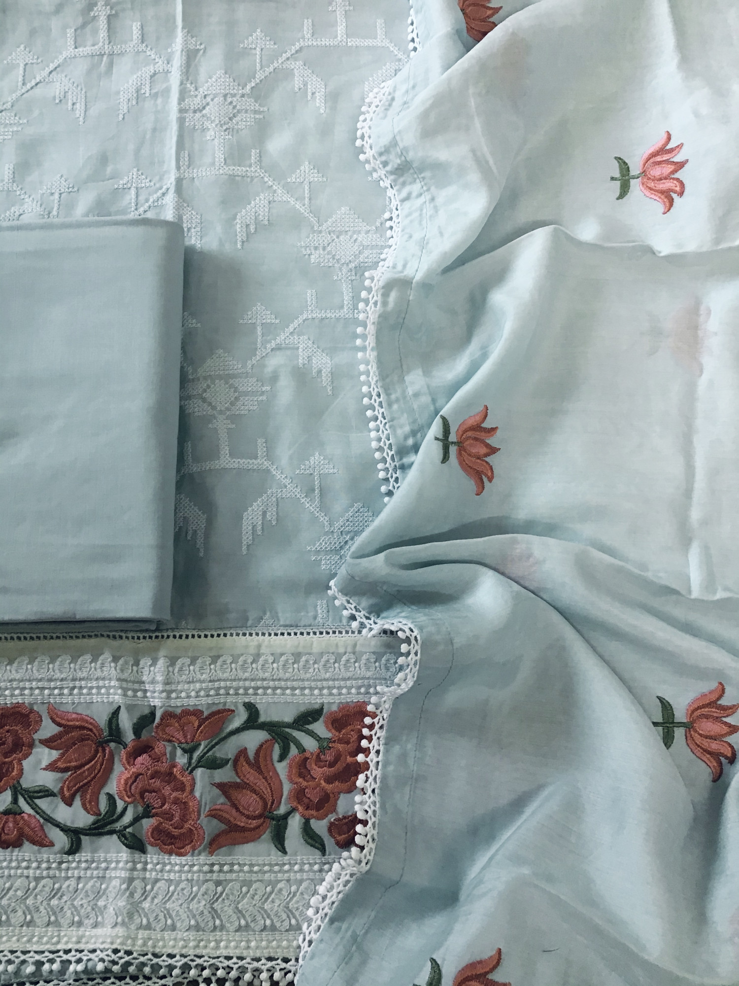 Pure Muslin Embroidered Suit - Grey