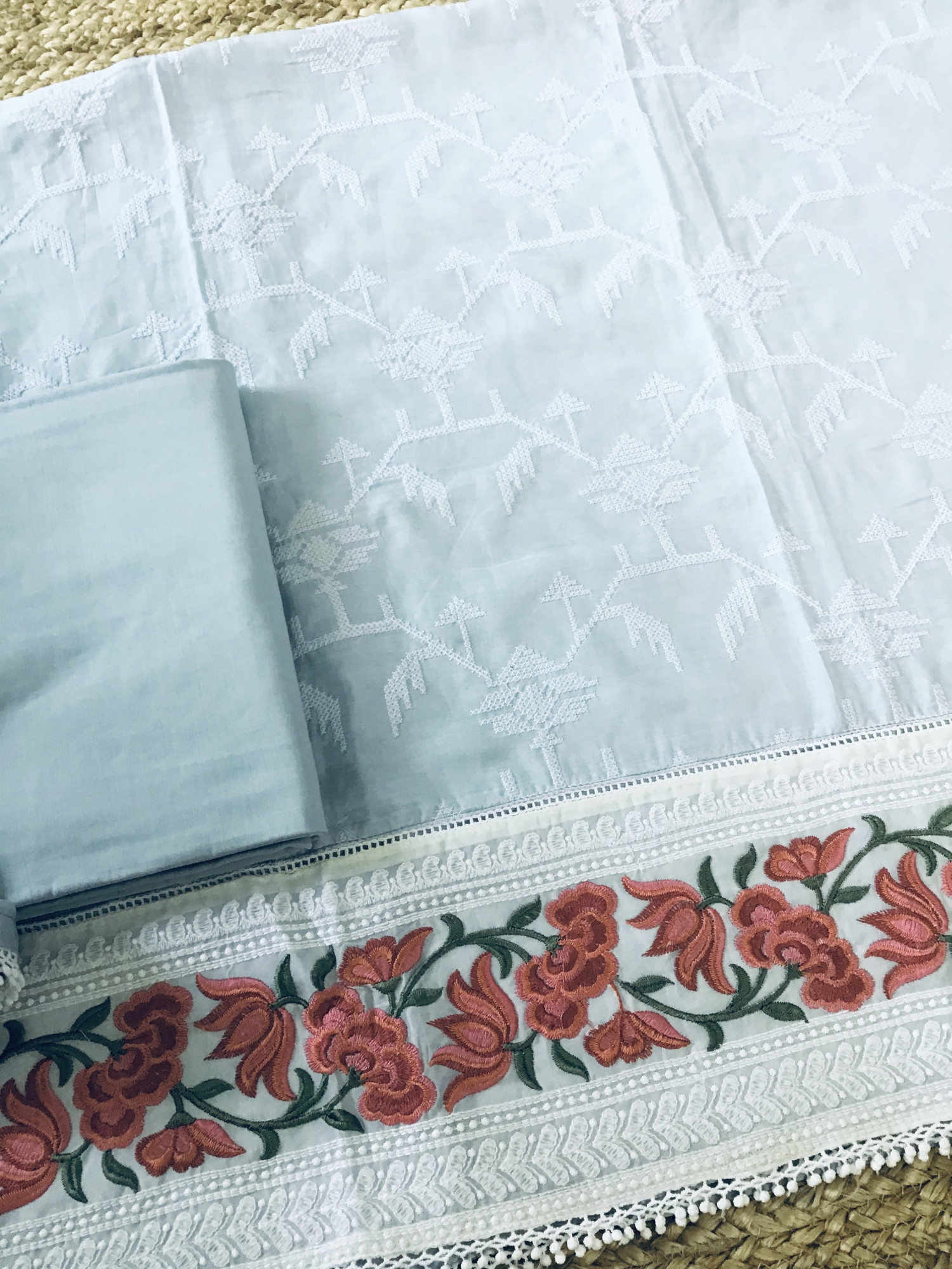 Pure Muslin Embroidered Suit - Grey