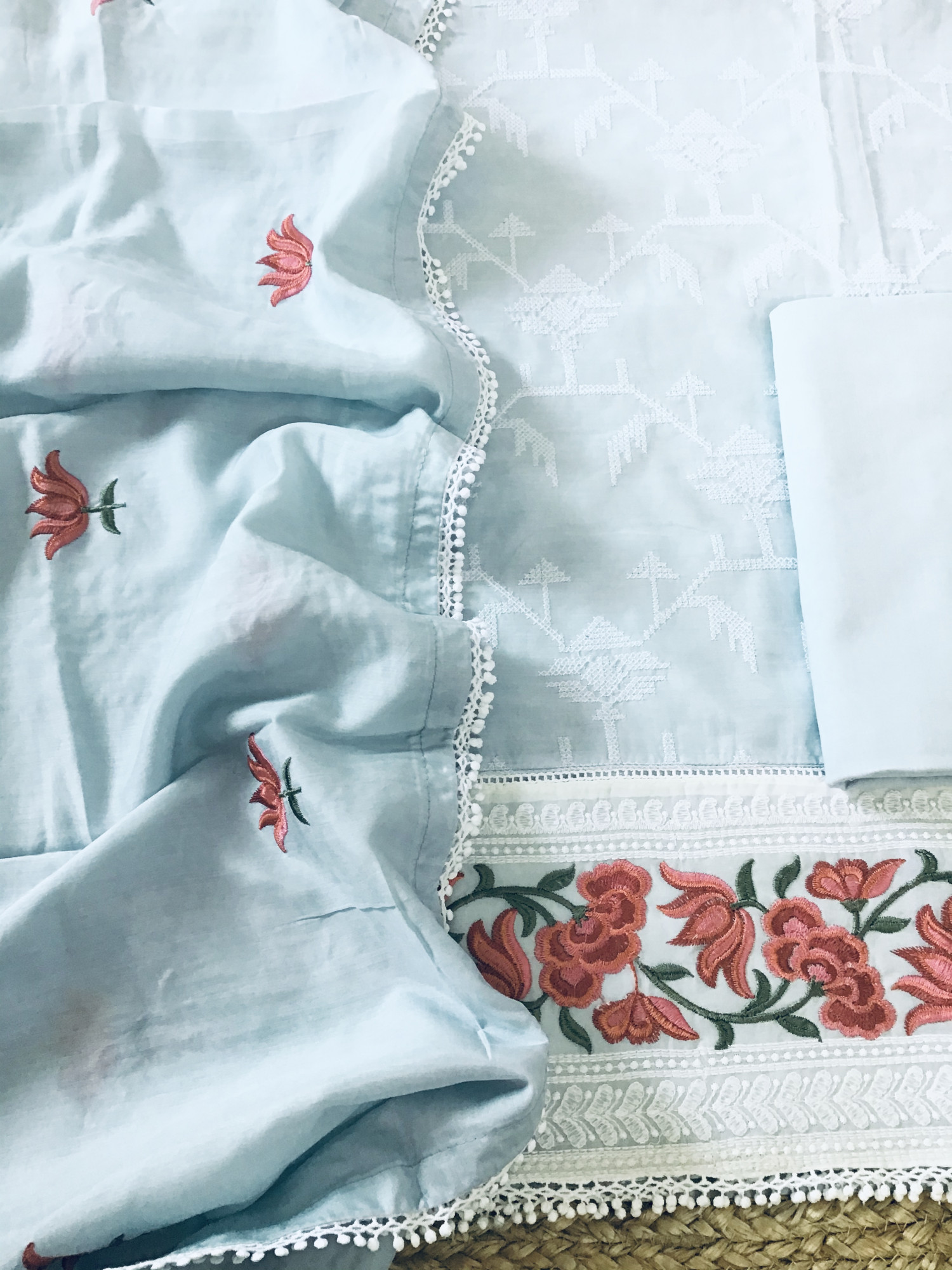 Pure Muslin Embroidered Suit - Grey