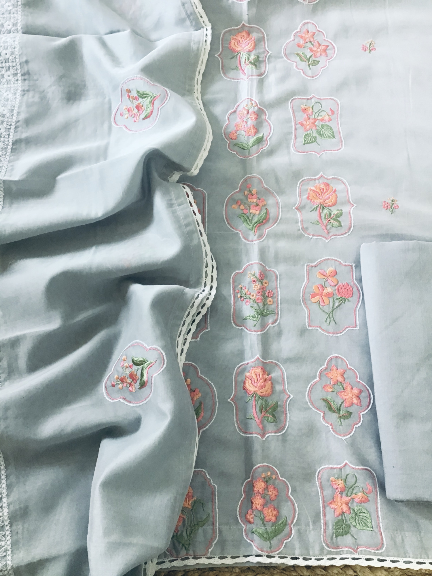 Soft Chanderi Embroidered Suit - Grey