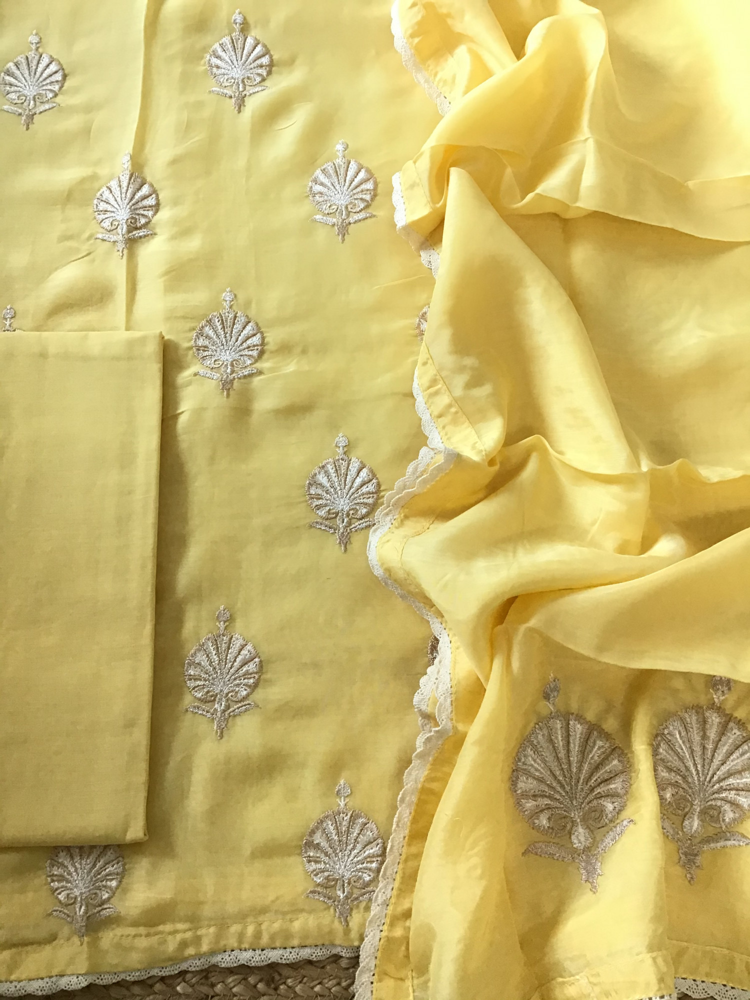 Pure Muslin Embroidered Suit - Yellow