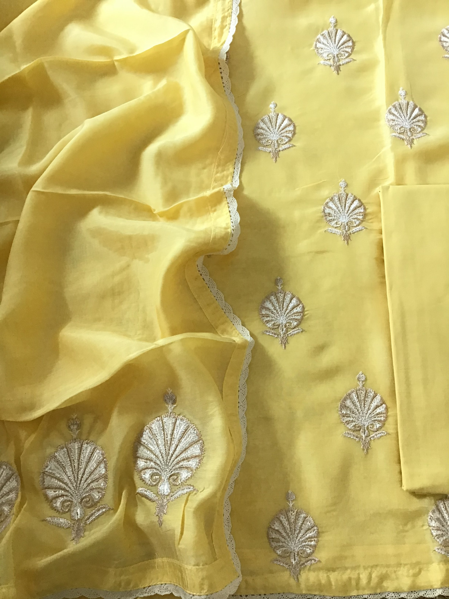 Pure Muslin Embroidered Suit - Yellow