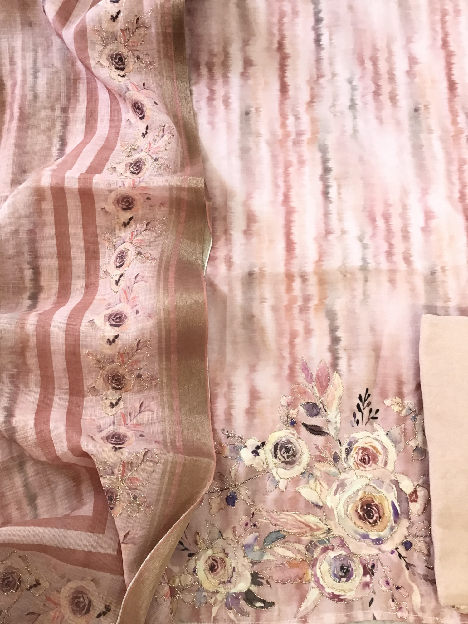 Soft Art Silk Printed Embroidered Suit - Peach