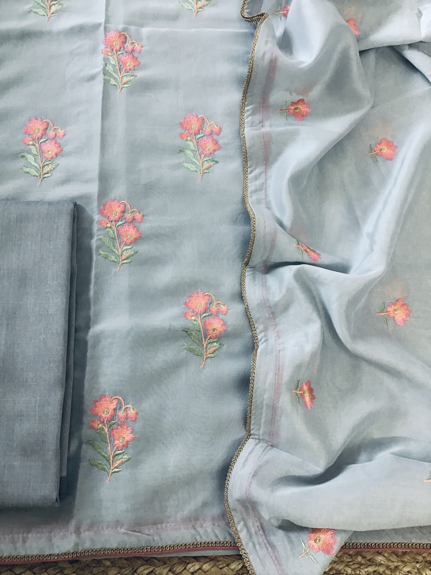 Soft Chanderi Embroidered Suit - Grey