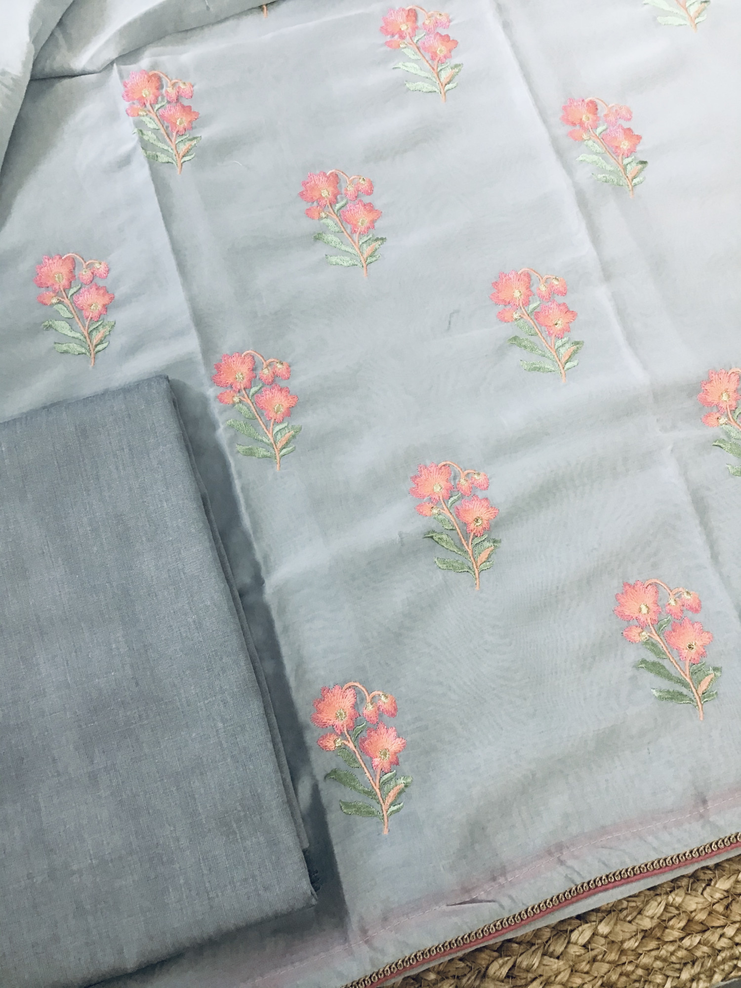 Soft Chanderi Embroidered Suit - Grey