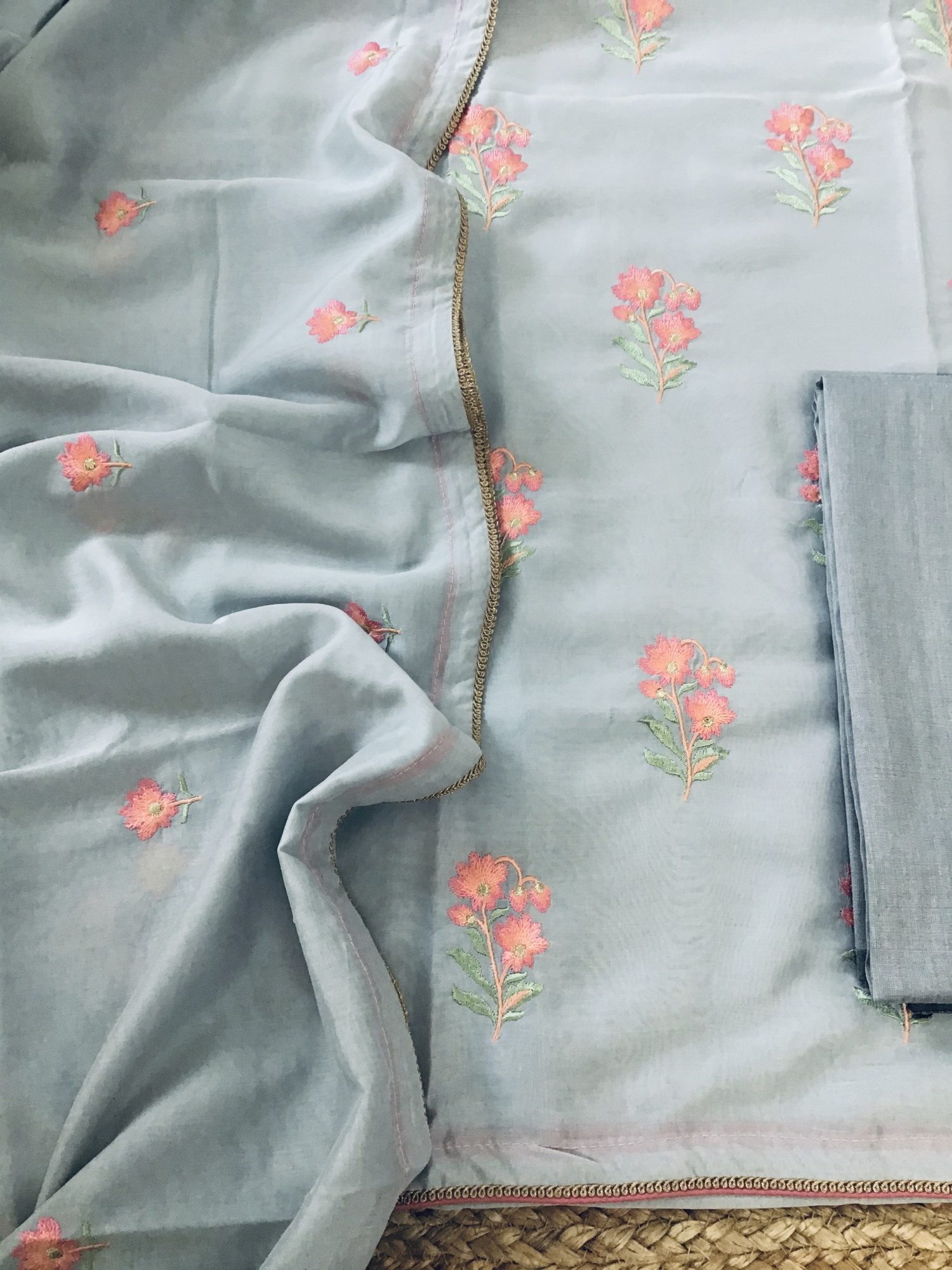 Soft Chanderi Embroidered Suit - Grey