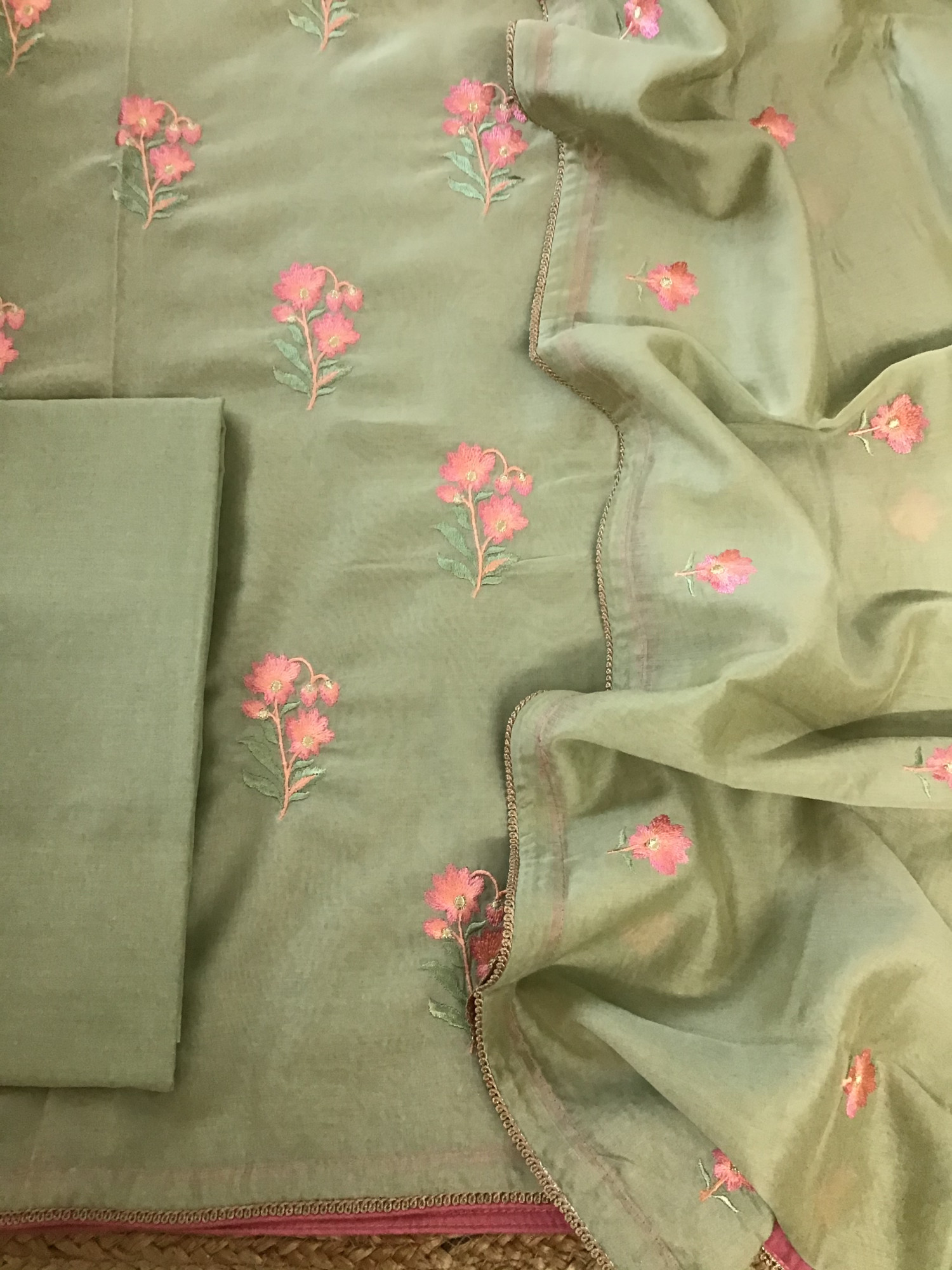 Soft Chanderi Embroidered Suit - Green