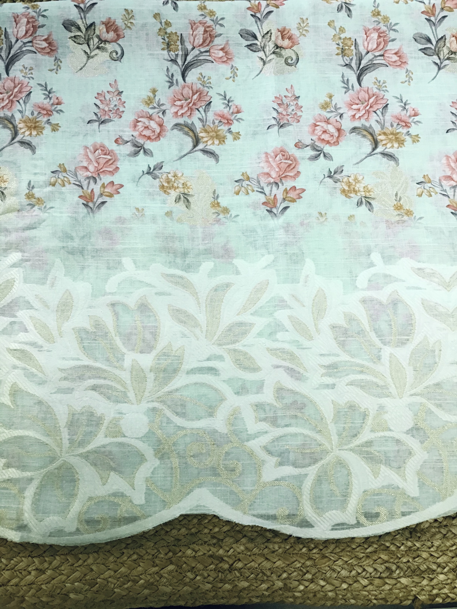 Soft Semi Linen Jute Cotton Printed Banarasi Weaved Suit - Green