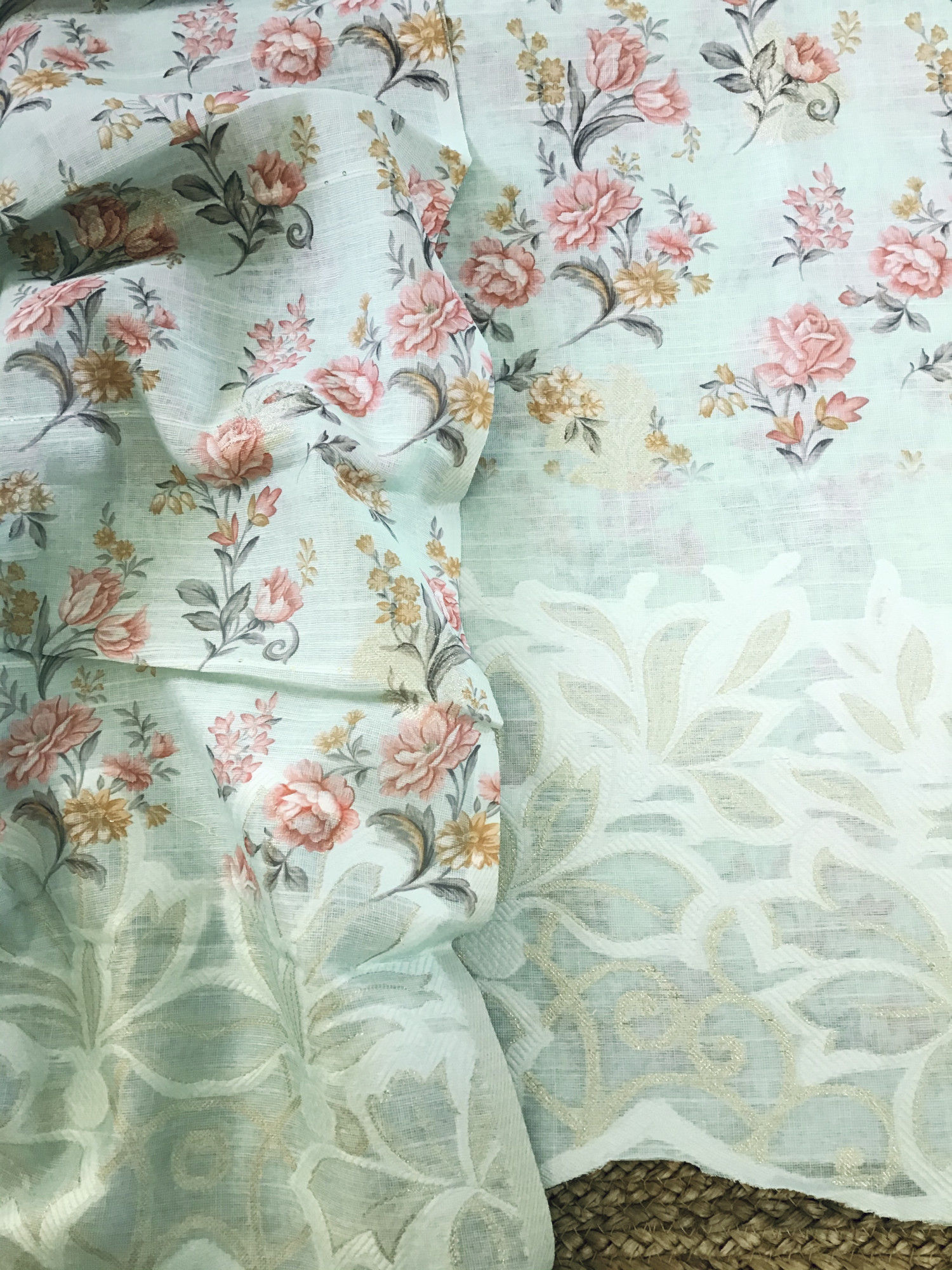 Soft Semi Linen Jute Cotton Printed Banarasi Weaved Suit - Green