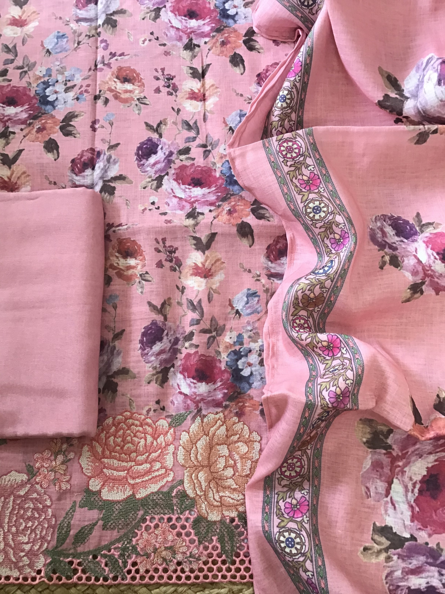 Pure Linen Jute Cotton Printed Embroidered Suit - Pink