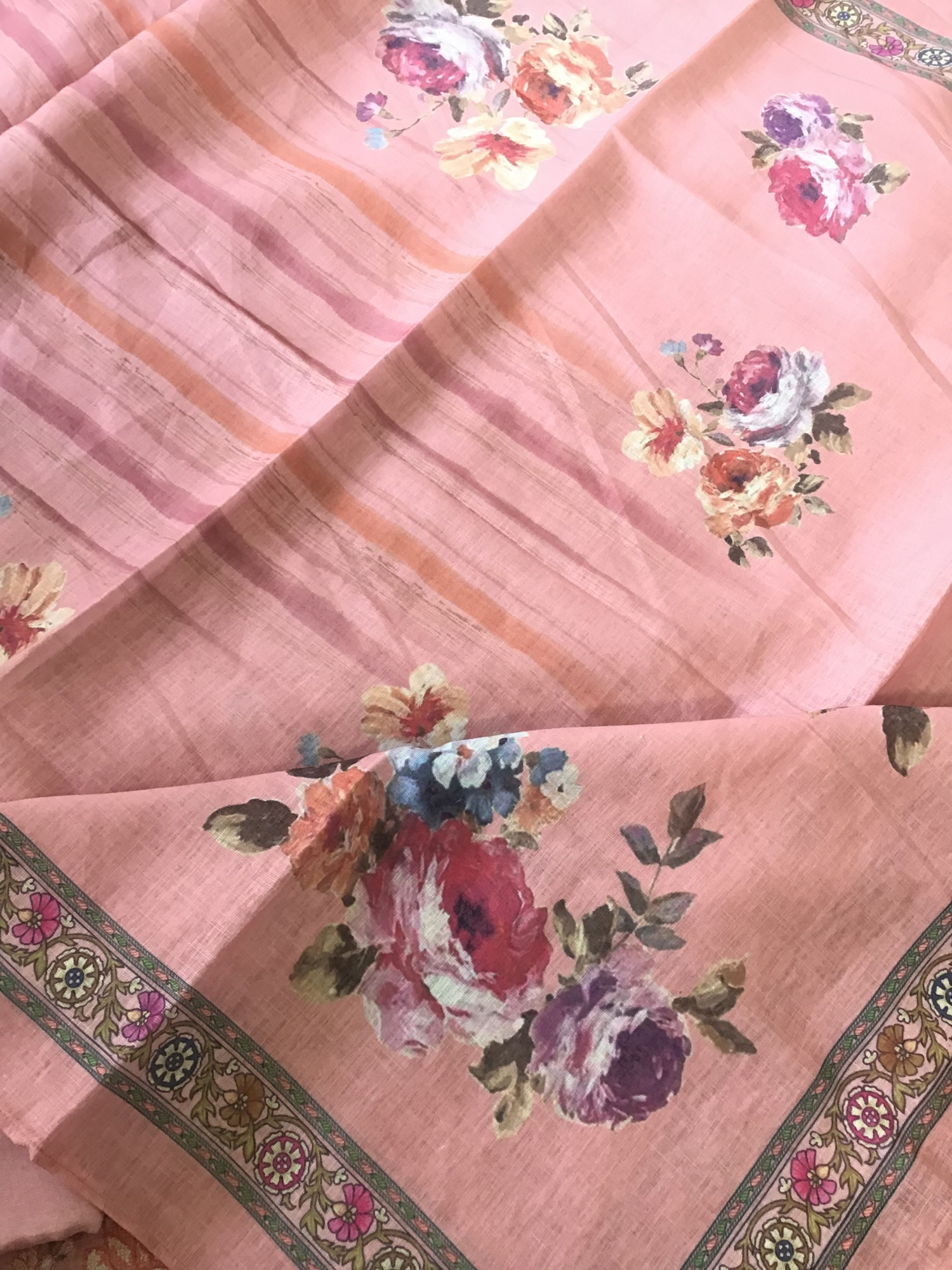 Pure Linen Jute Cotton Printed Embroidered Suit - Pink