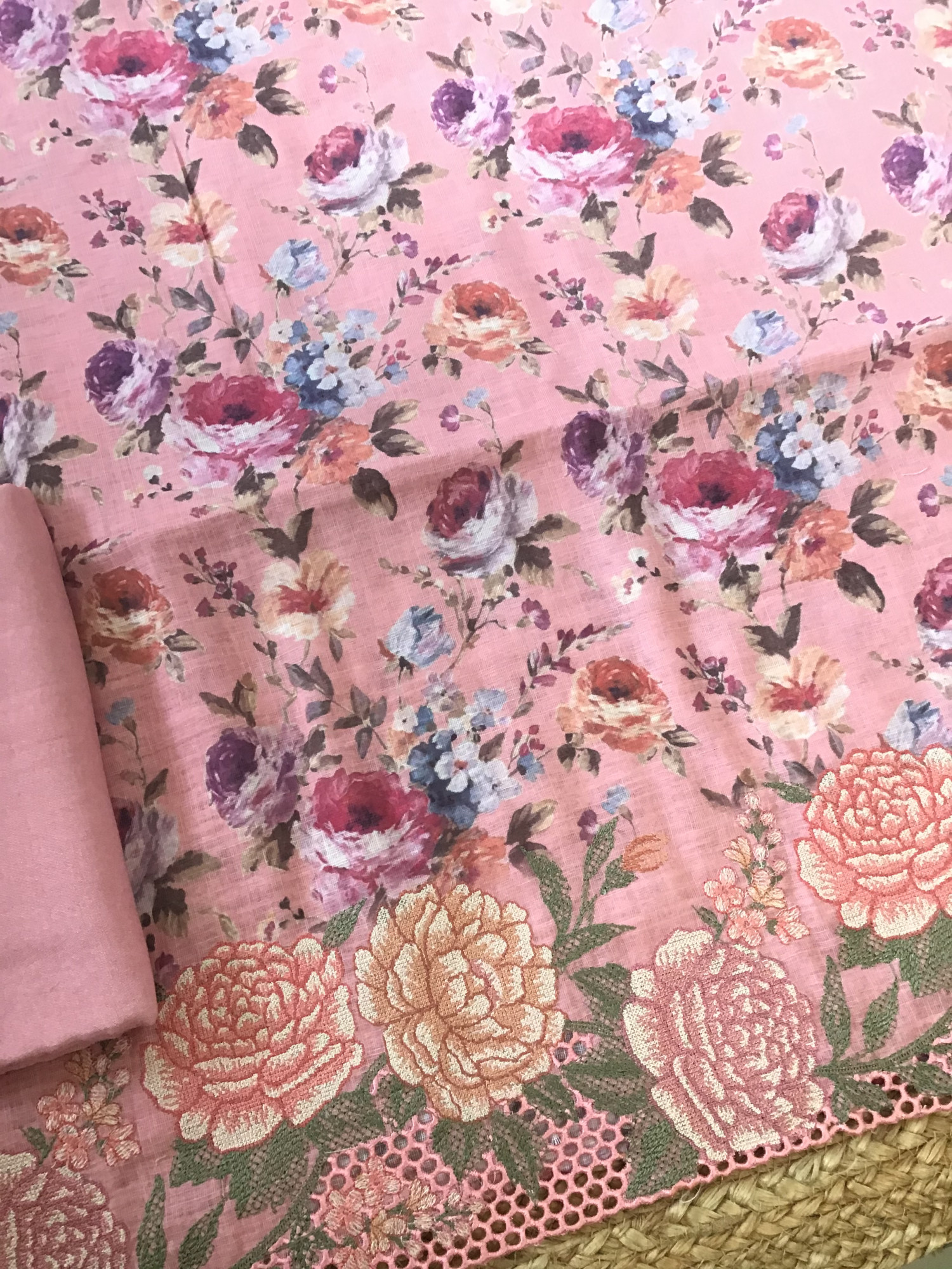 Pure Linen Jute Cotton Printed Embroidered Suit - Pink