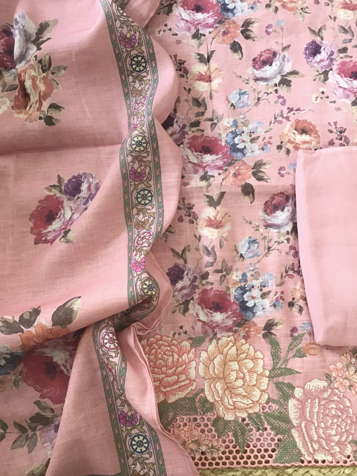 Pure Linen Jute Cotton Printed Embroidered Suit - Pink