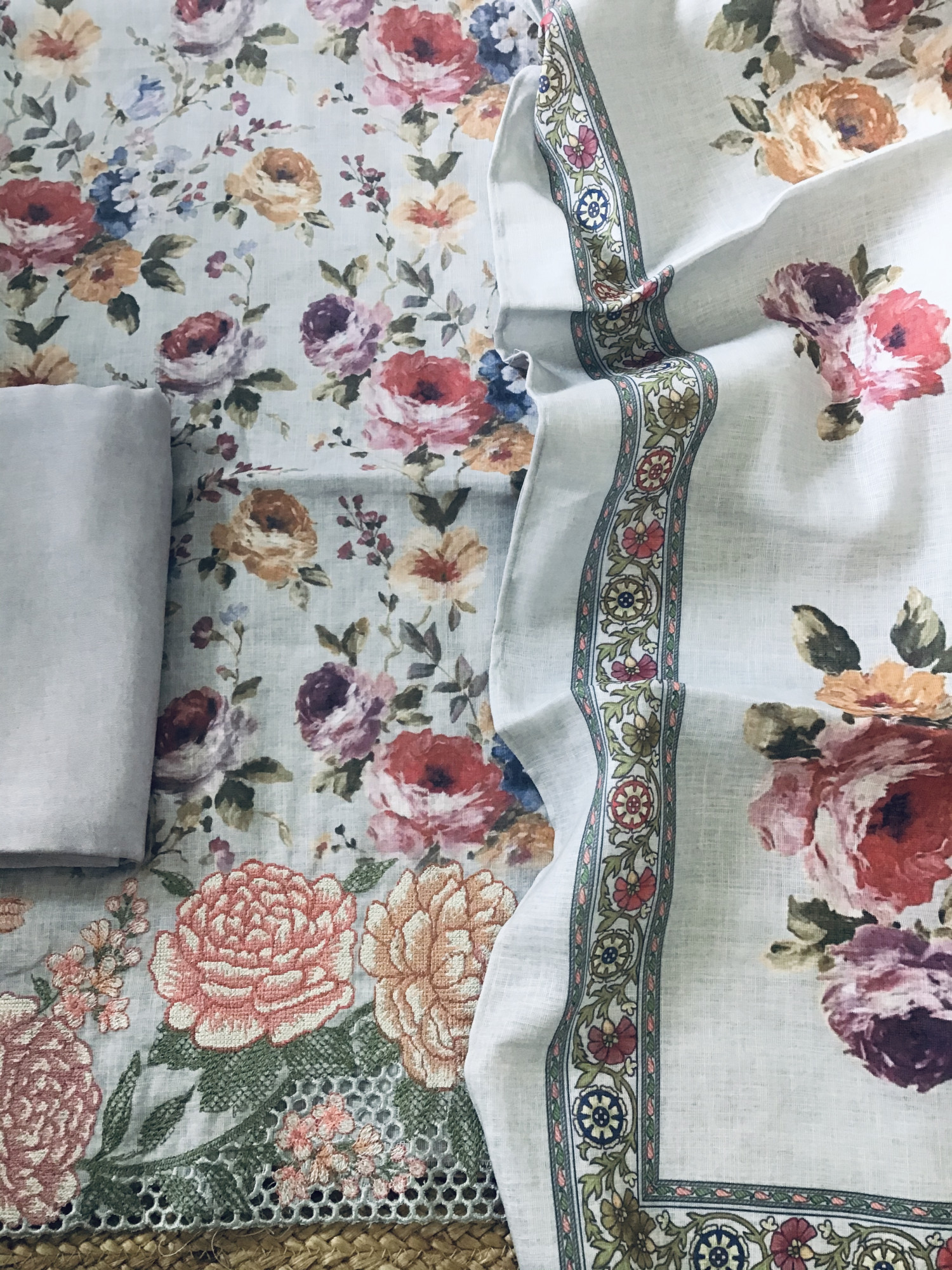 Pure Linen Jute Cotton Printed Embroidered Suit - Grey