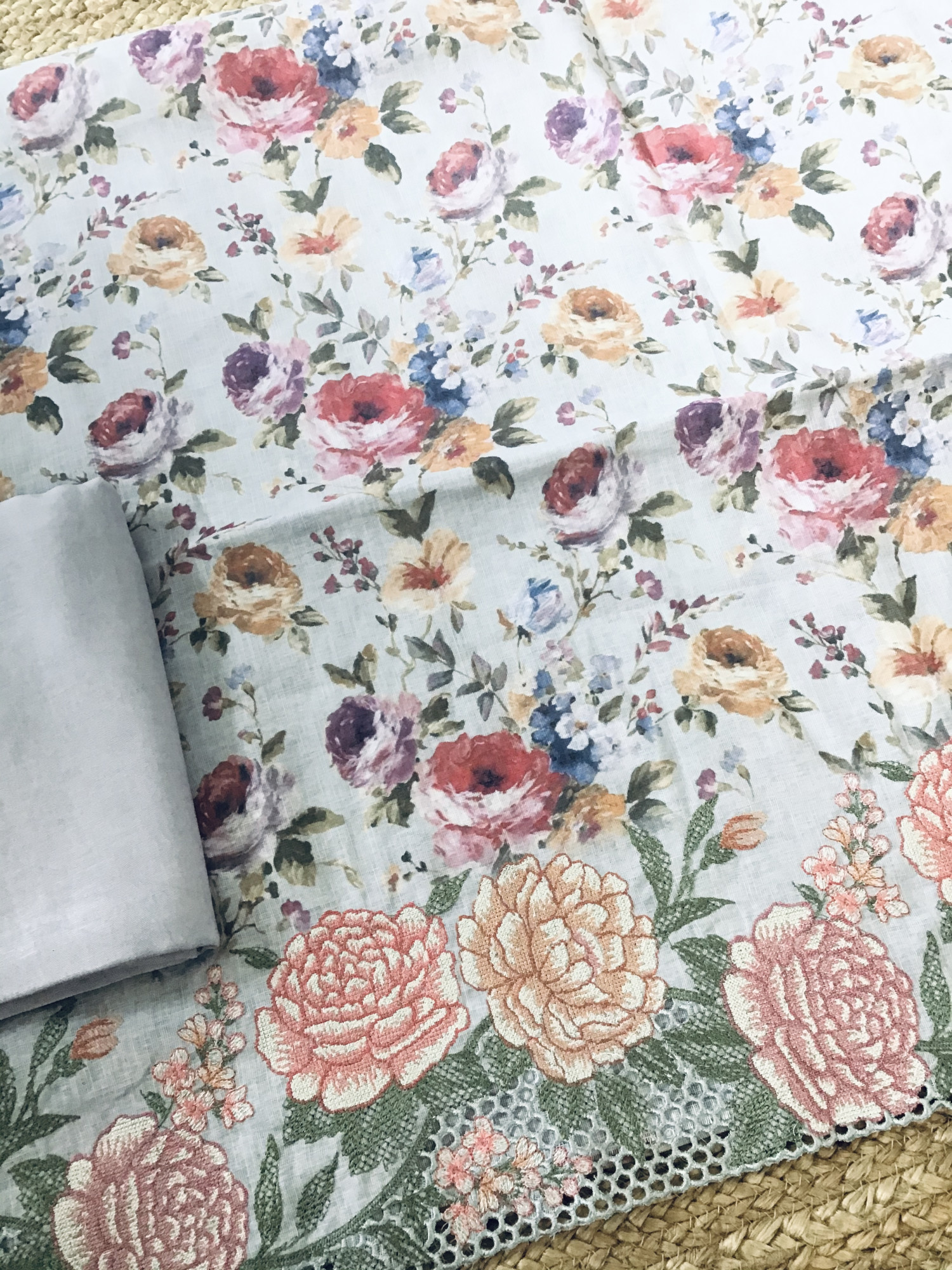 Pure Linen Jute Cotton Printed Embroidered Suit - Grey